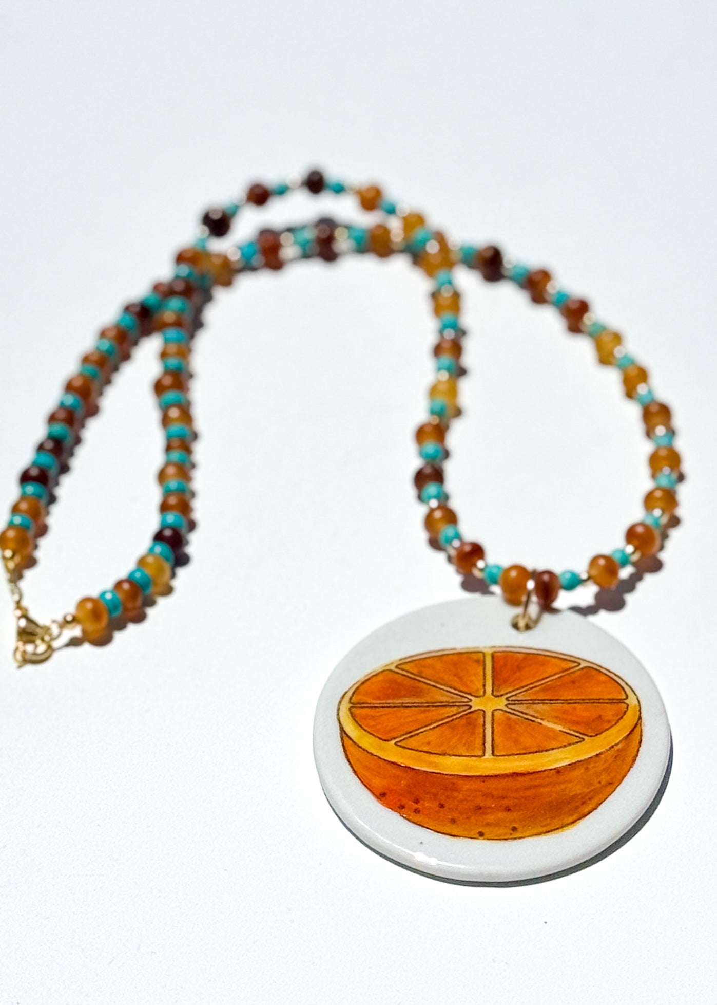 Orange Slice Porcelain Pendant Beaded Necklace