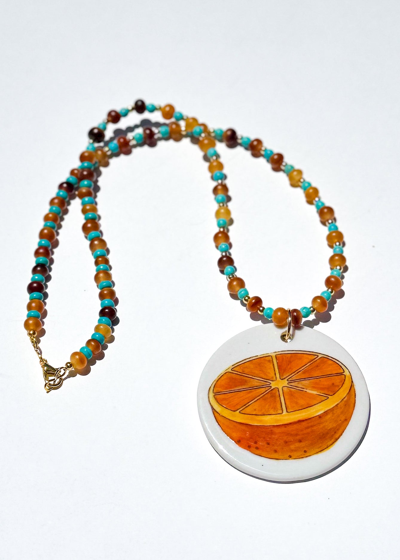 Orange Slice Porcelain Pendant Beaded Necklace