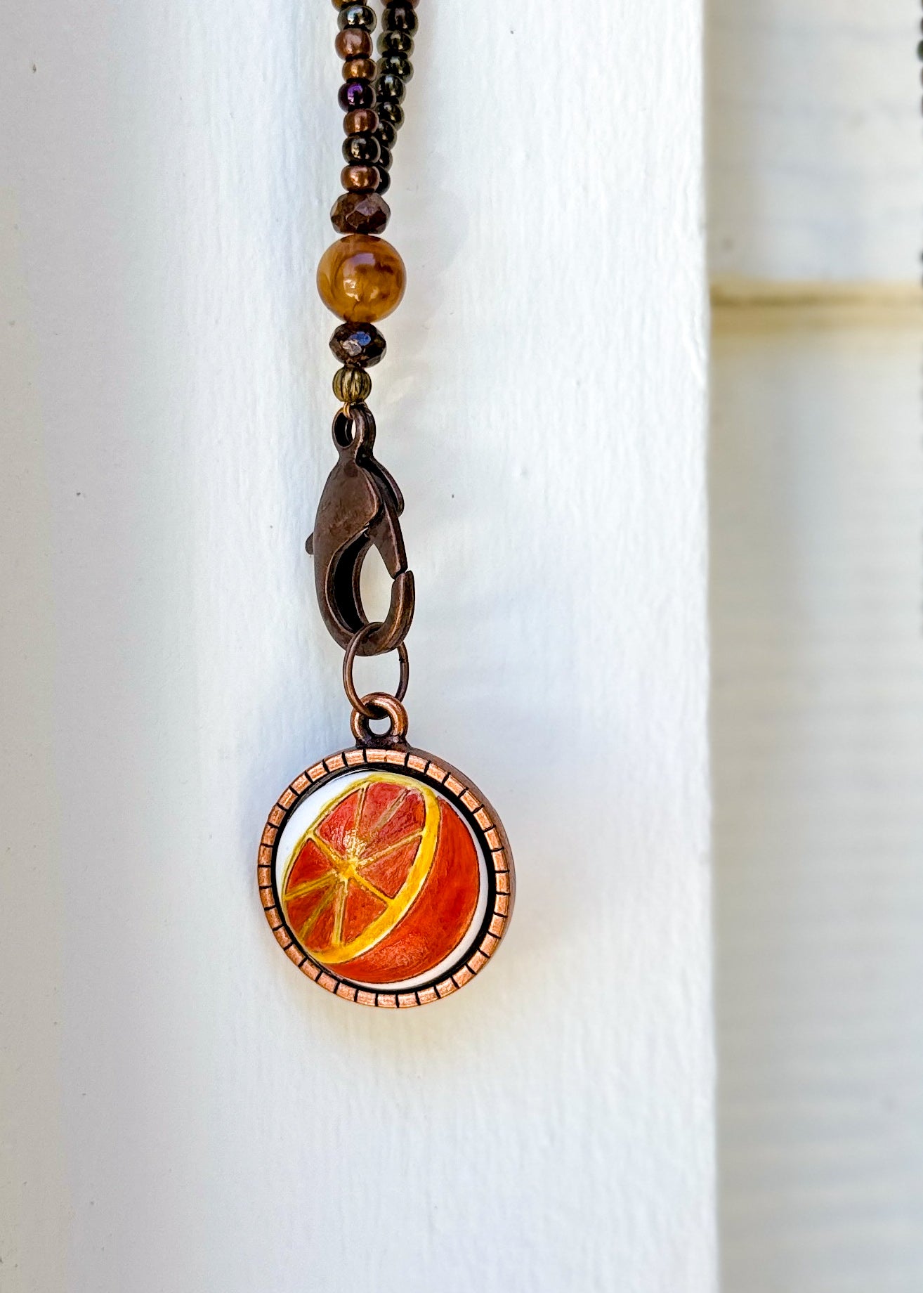 Orange Slice Porcelain Pendant Bezel Beaded Necklace