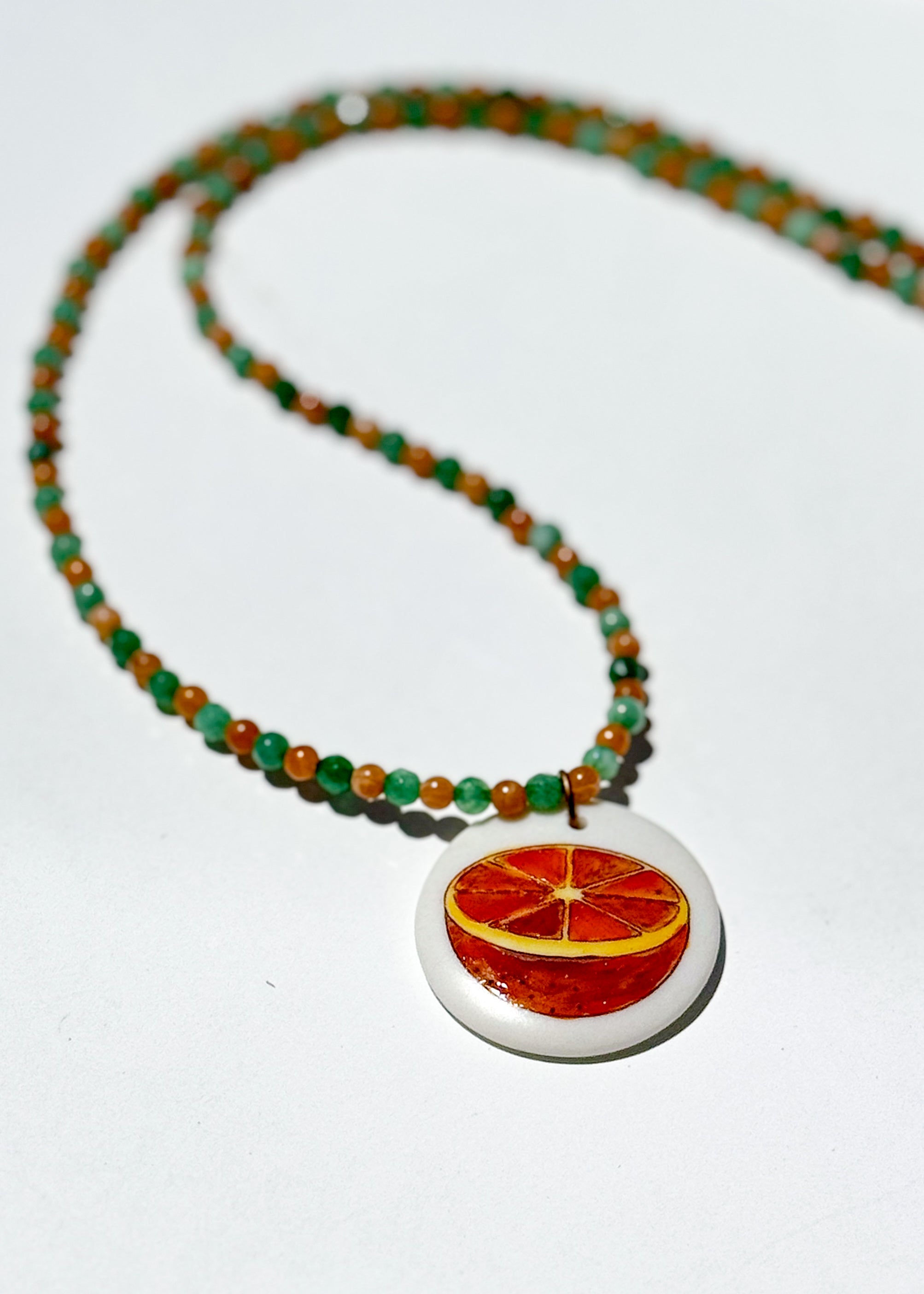 Orange Slice Porcelain Pendant Beaded Necklace
