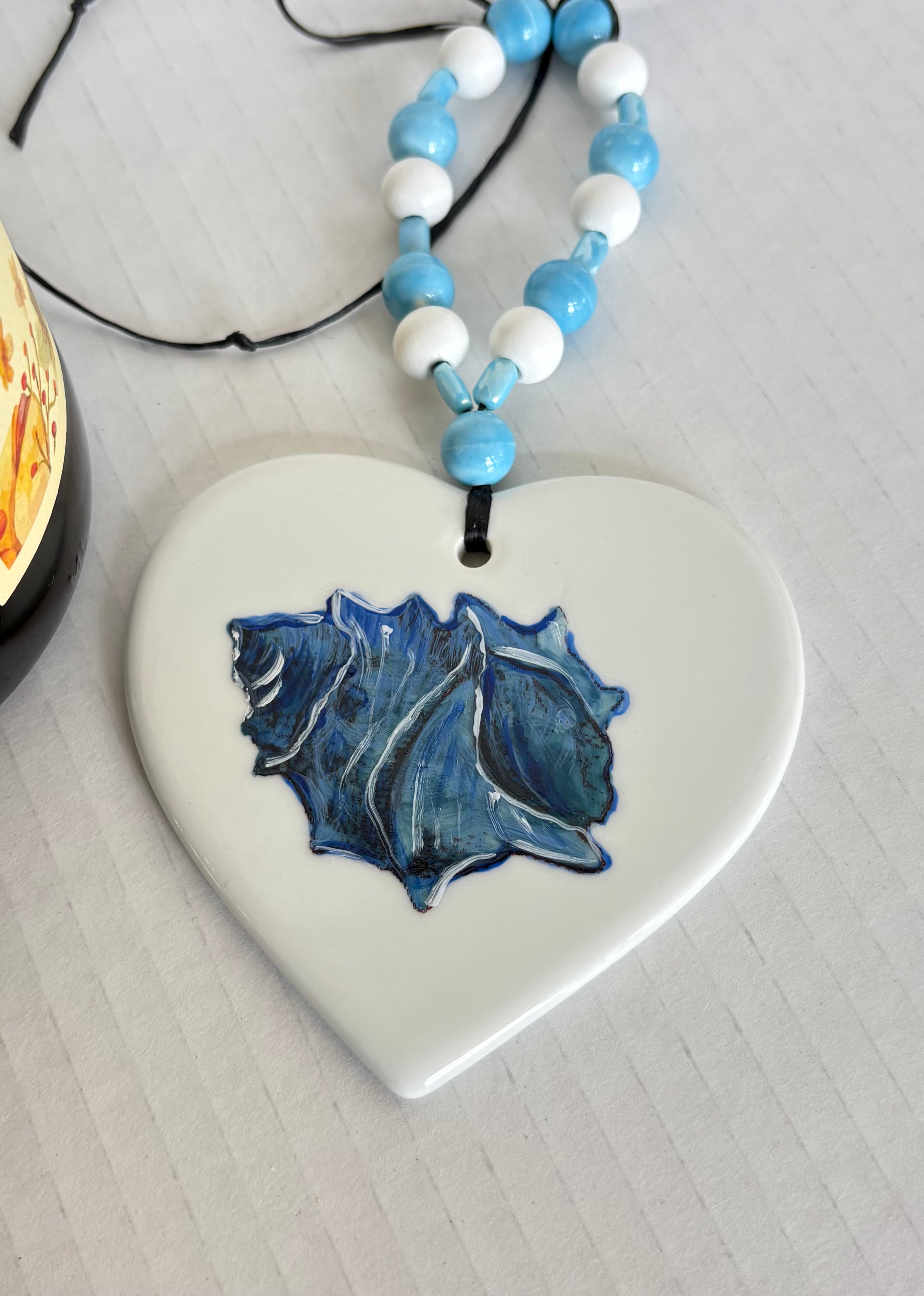 Porcelain Heart Beverage Tag with a Blue Shell Barware Drink Charms