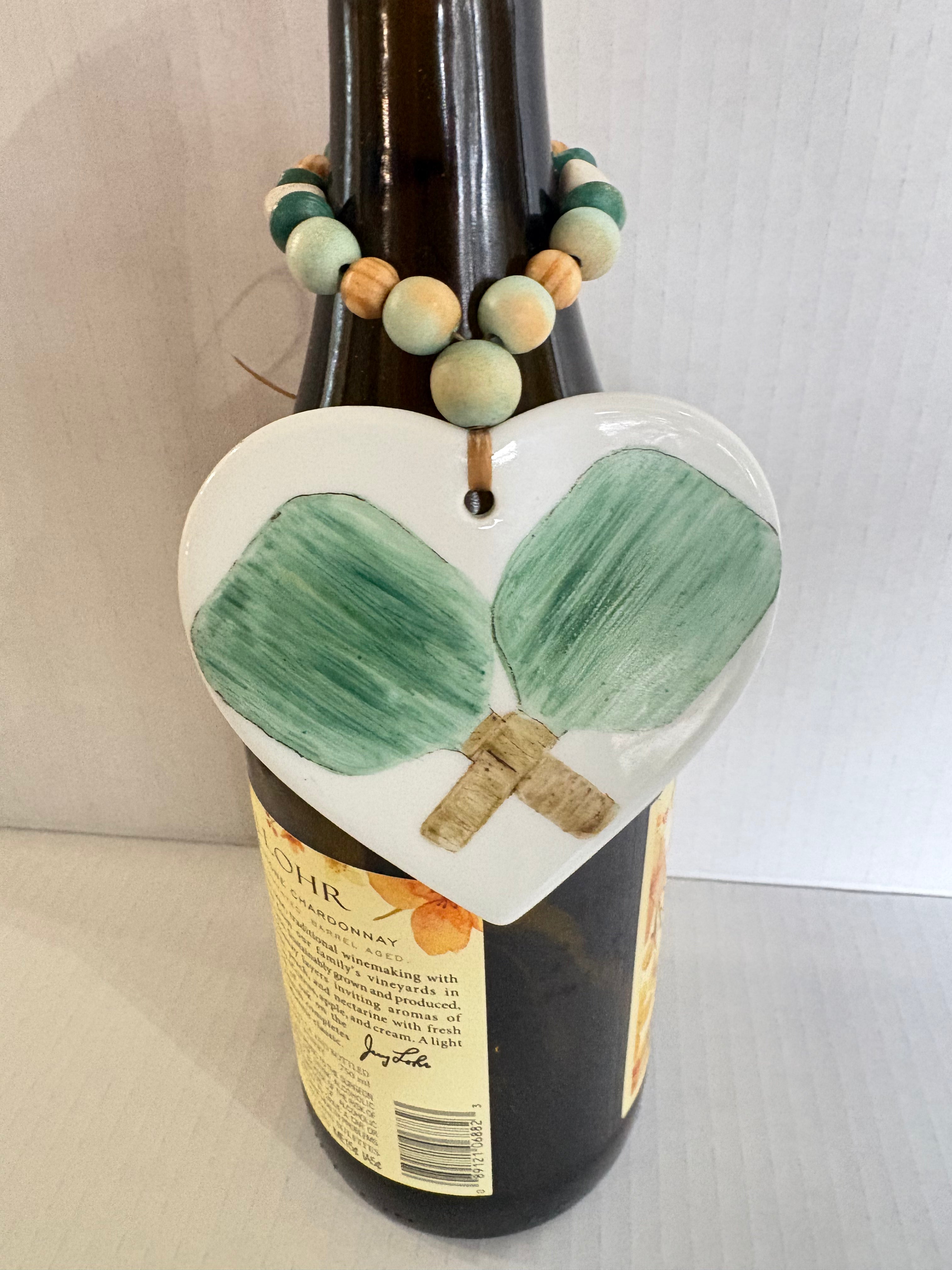 Pickleball Heart Wine Bottle Charm – Hand Painted Porcelain Gift by MadebyMonaH