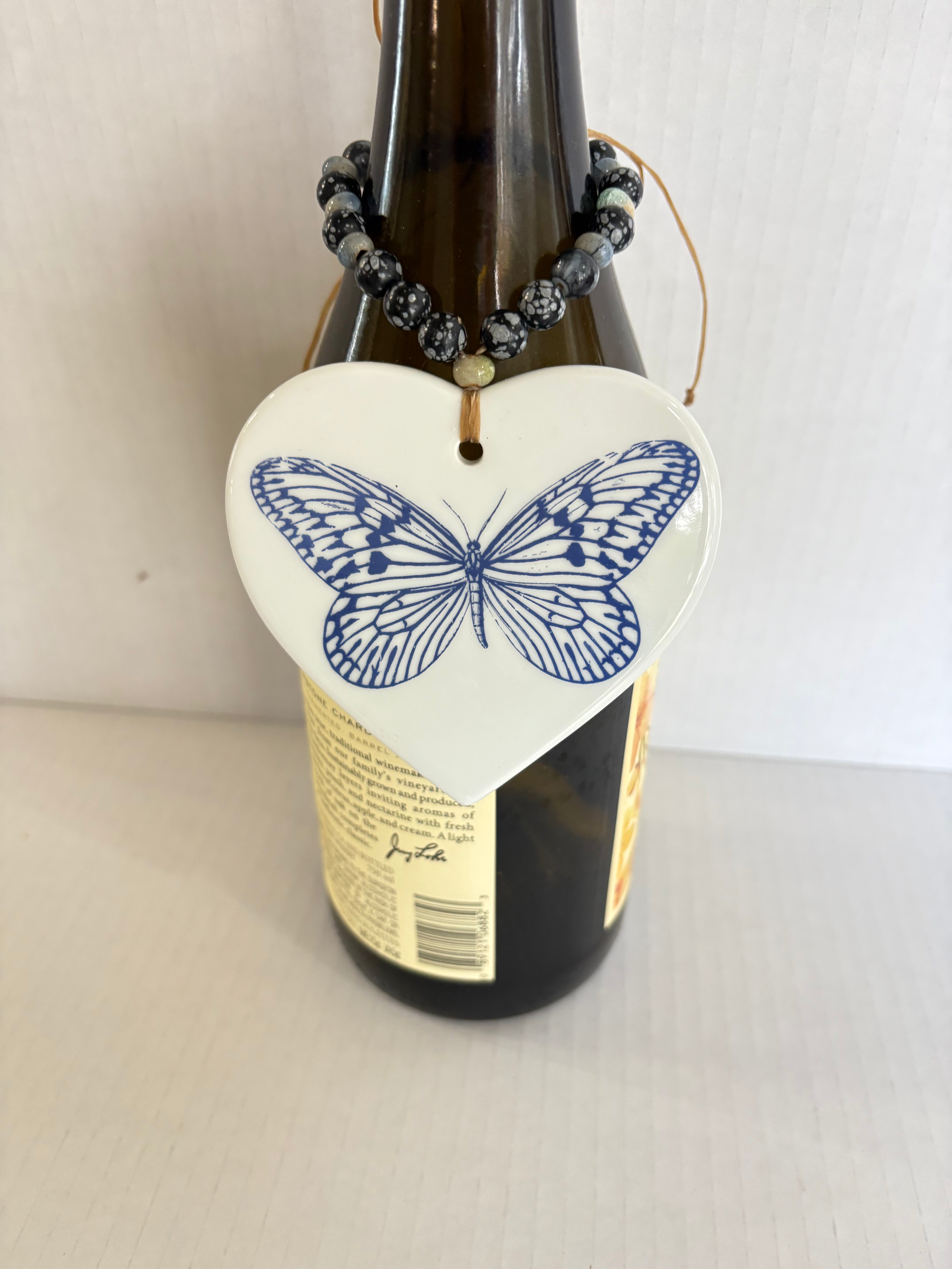 Blue Butterfly Porcelain Heart Wine Bottle Tag – Hand Painted Coastal Beverage Charm by MadebyMonaH