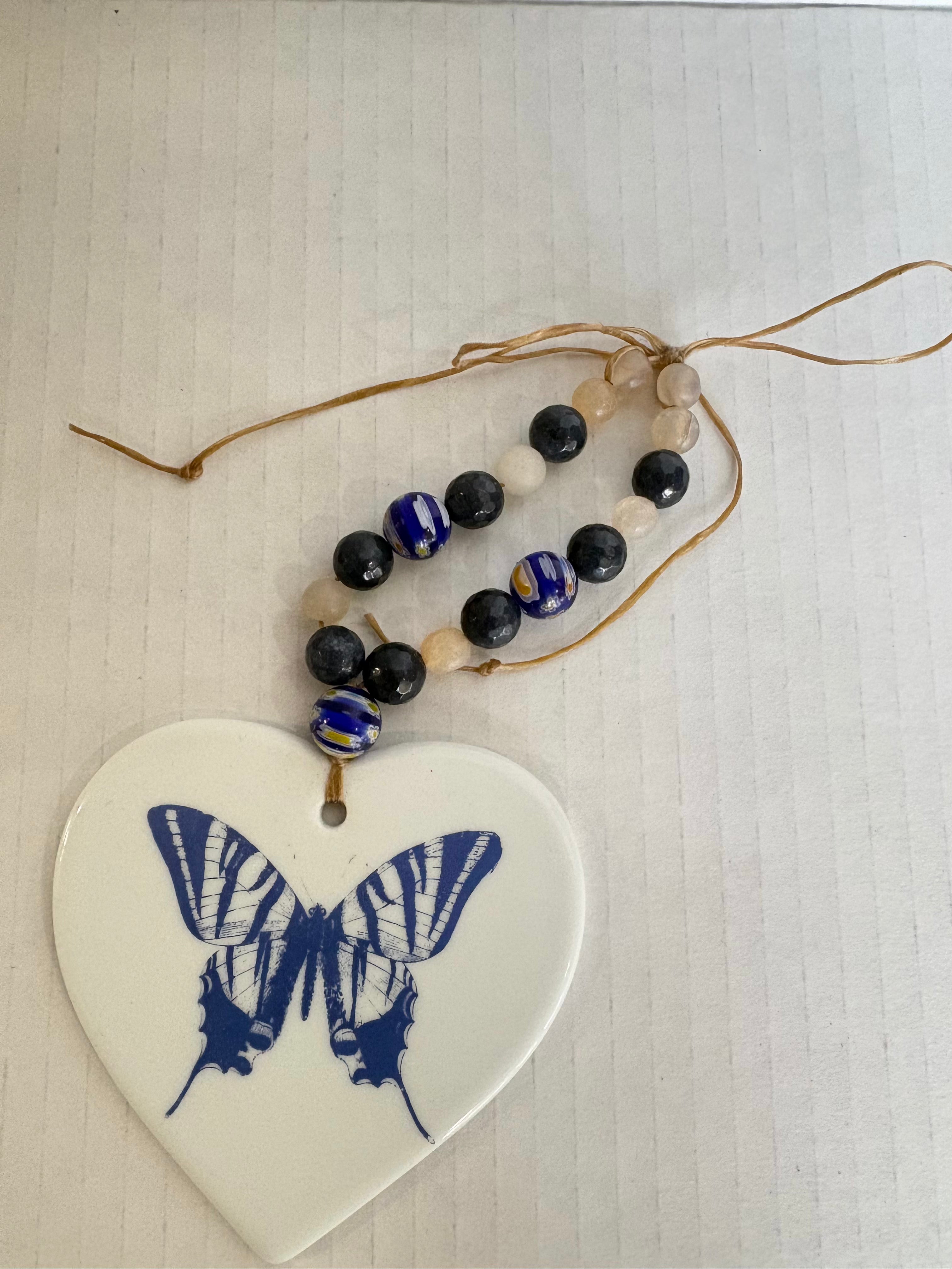 Blue Butterfly Porcelain Heart Wine Bottle Tag – Hand Painted Coastal Beverage Charm by MadebyMonaH