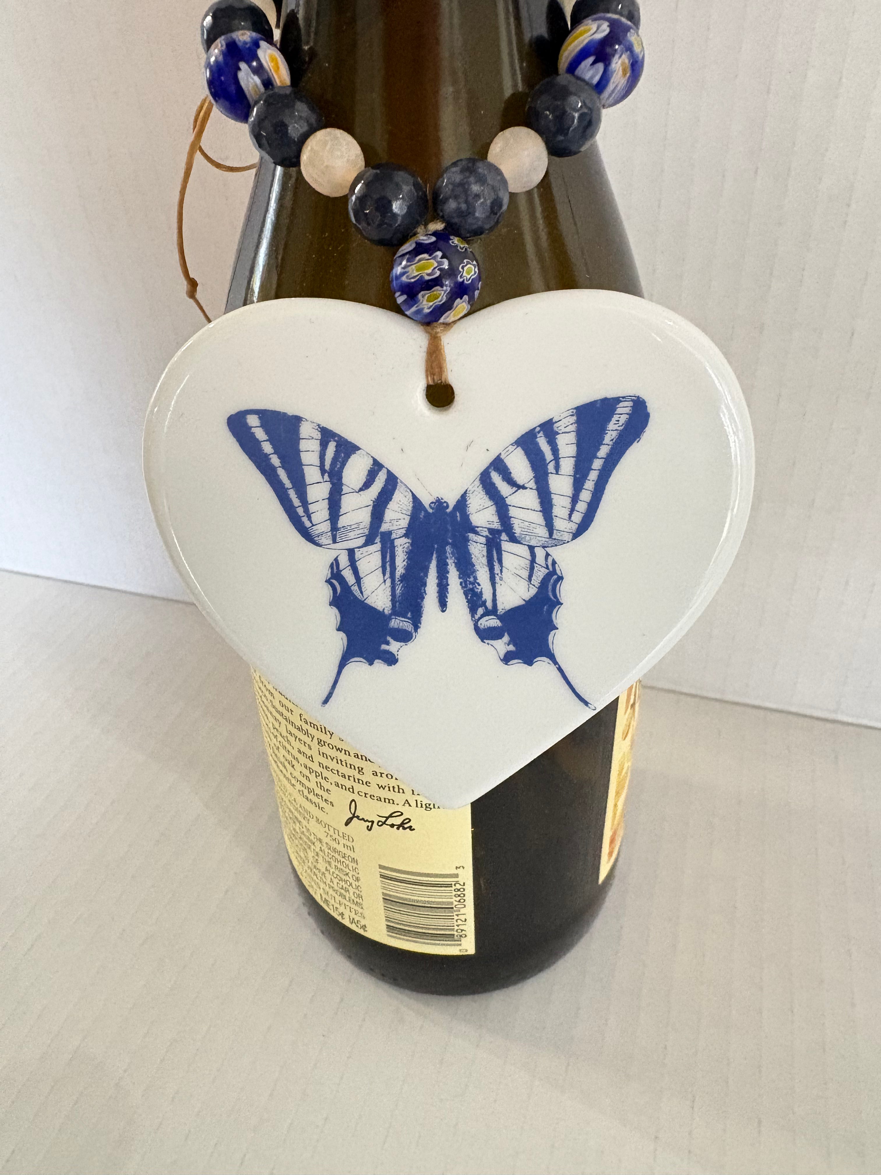Blue Butterfly Porcelain Heart Wine Bottle Tag – Hand Painted Coastal Beverage Charm by MadebyMonaH