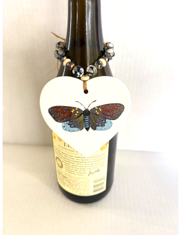 MadebyMonaH Hand-Painted Butterfly Heart Wine Bottle Tag