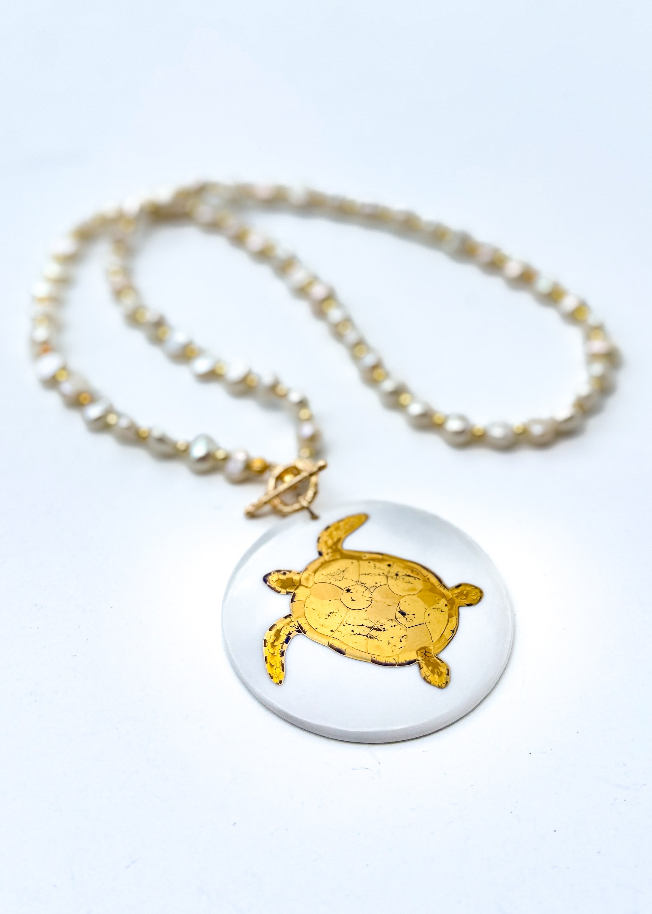 Sea Turtle Porcelain Pendant Pearl Necklace