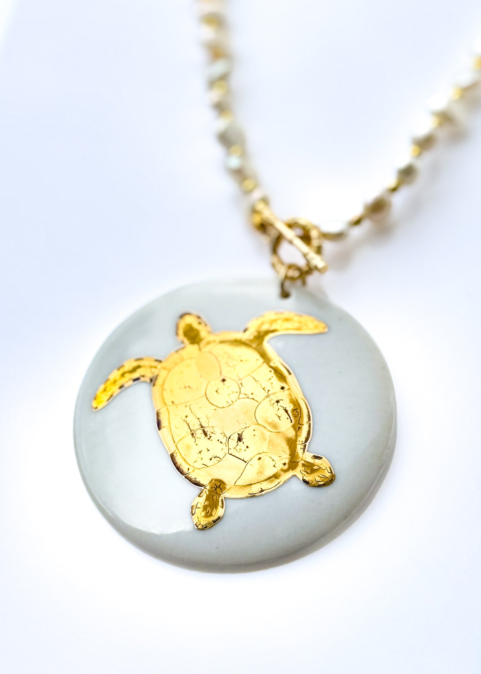 Sea Turtle Porcelain Pendant Pearl Necklace