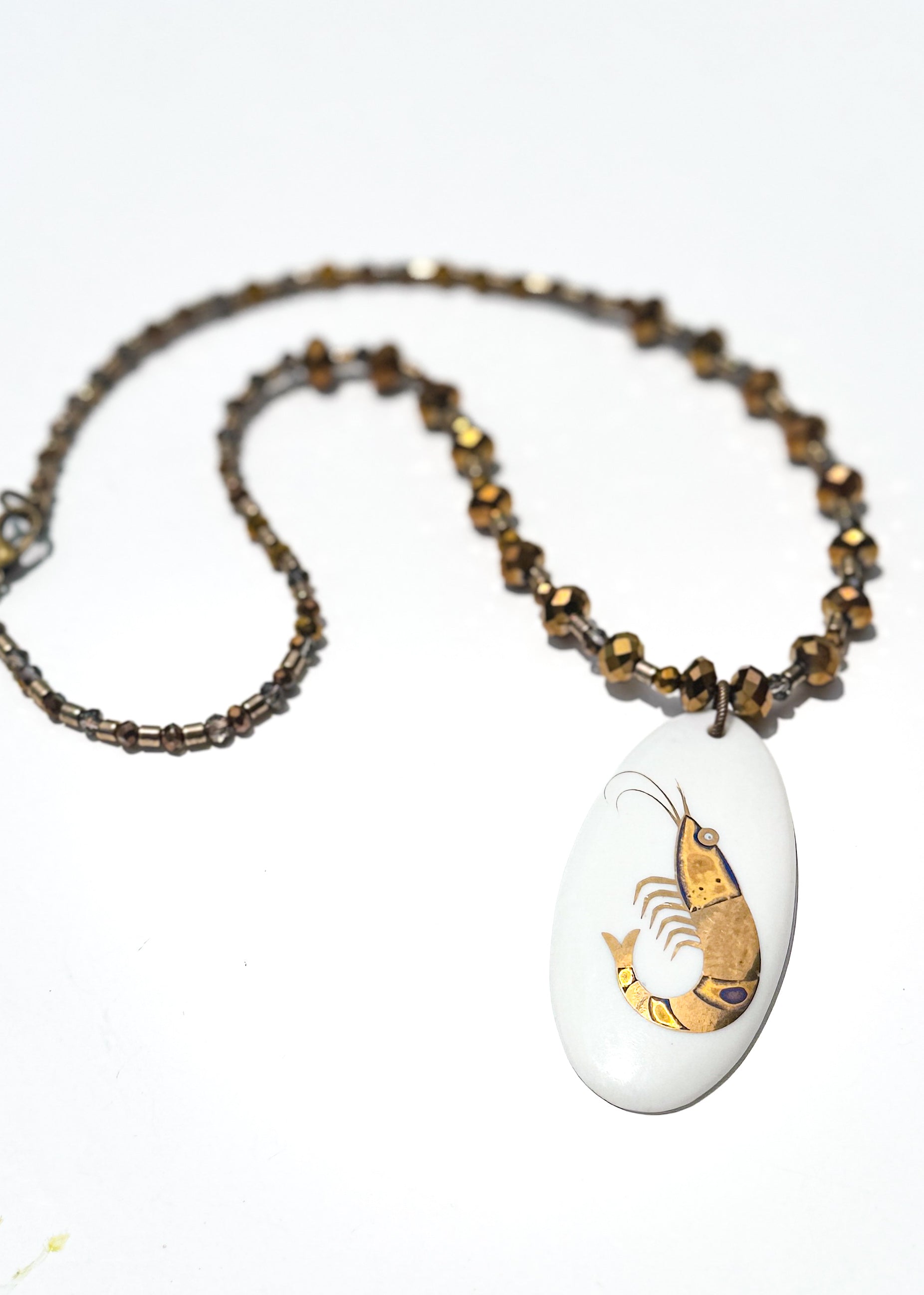 Shrimp Coastal Pendant Beaded Necklace Gold
