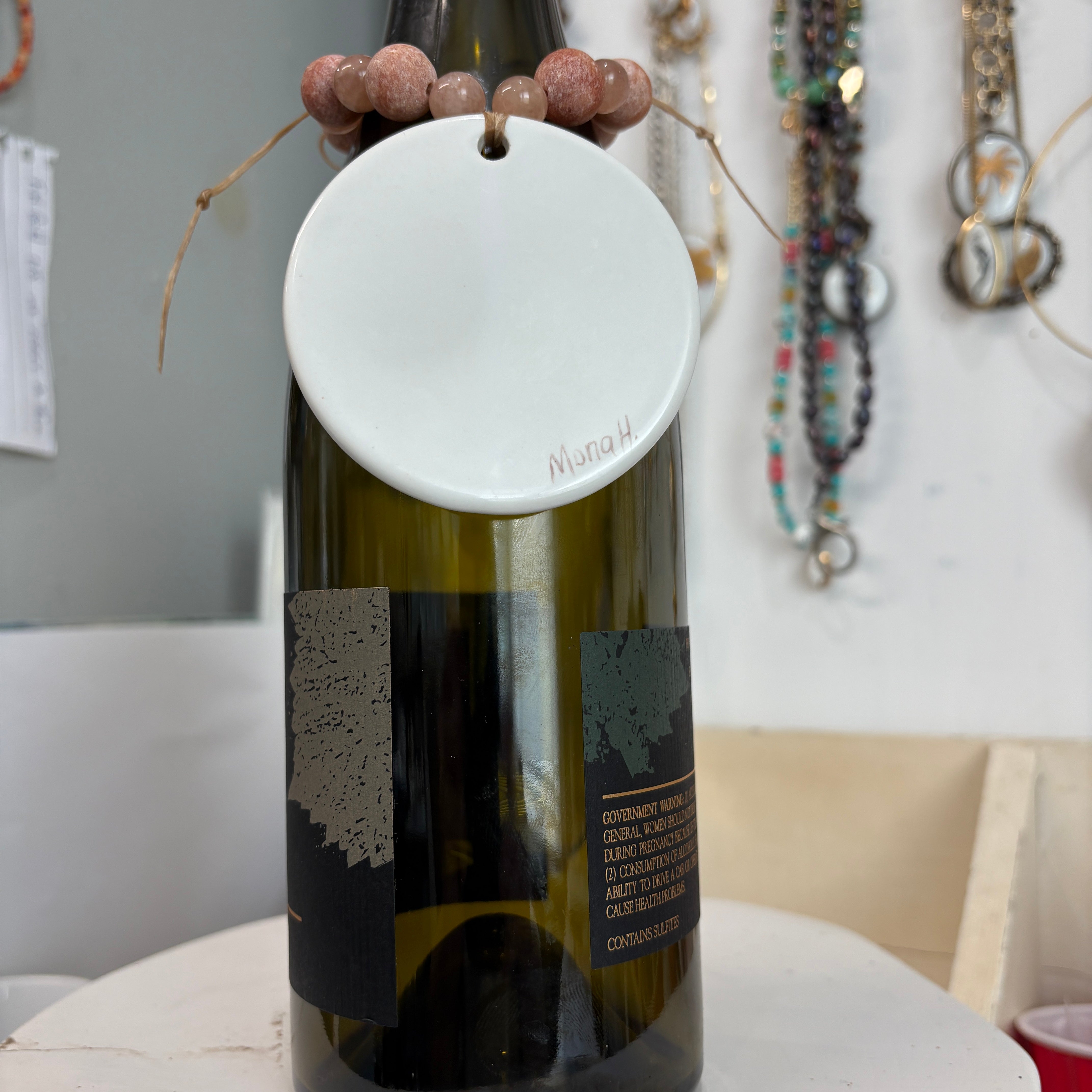 Merci Hand Painted Porcelain Wine Bottle Beverage Tag