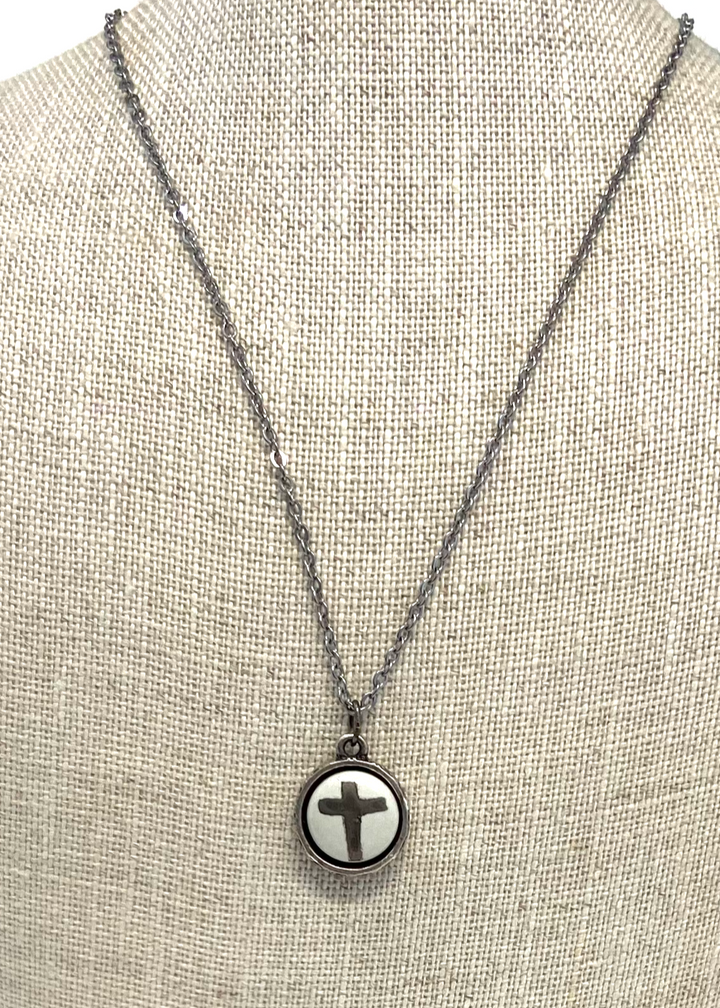 platinum cross, bezel, stainless steel necklace, porcelain pendant, hand painted