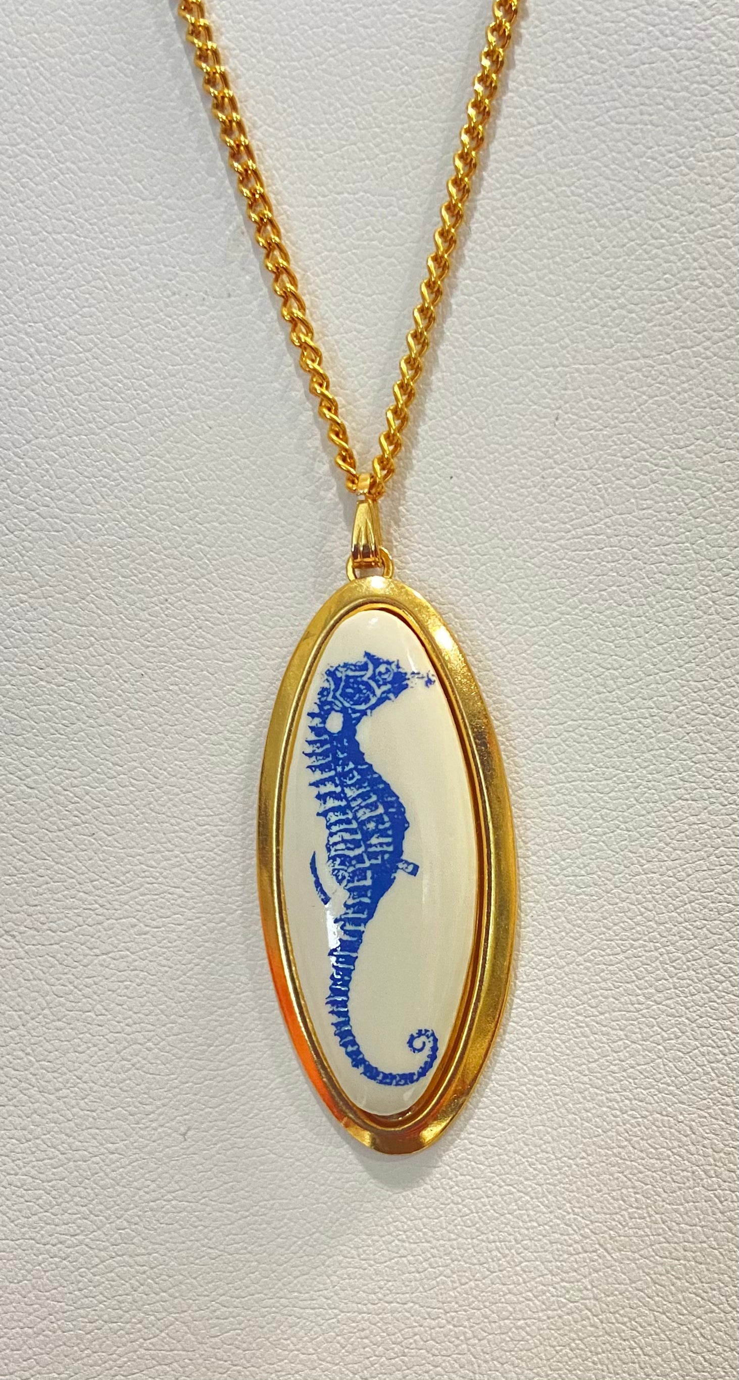 Seahorse Porcelain Pendant Gold Bezel Gold Chain Necklace Blue