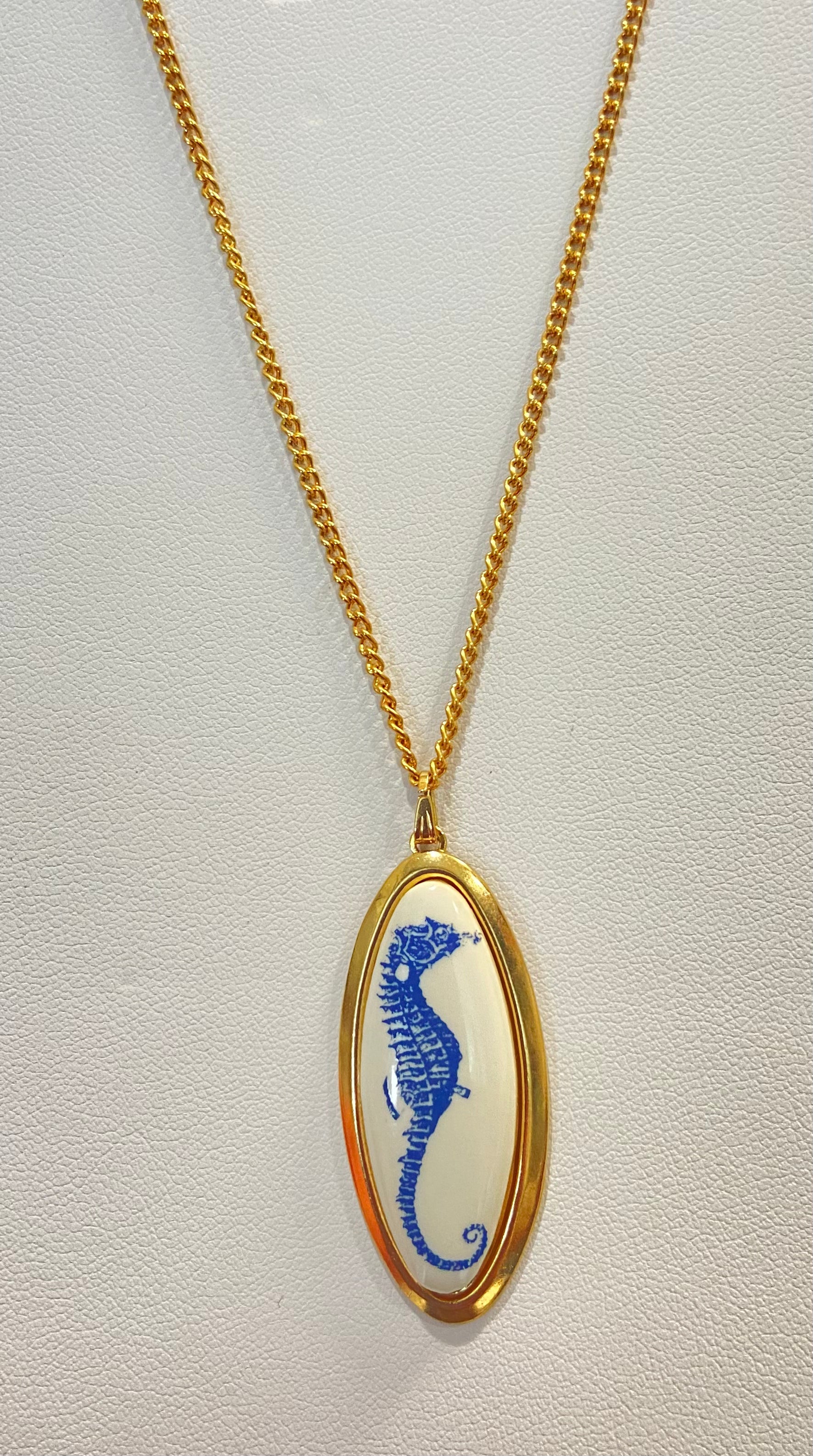Seahorse Porcelain Pendant Gold Bezel Gold Chain Necklace Blue