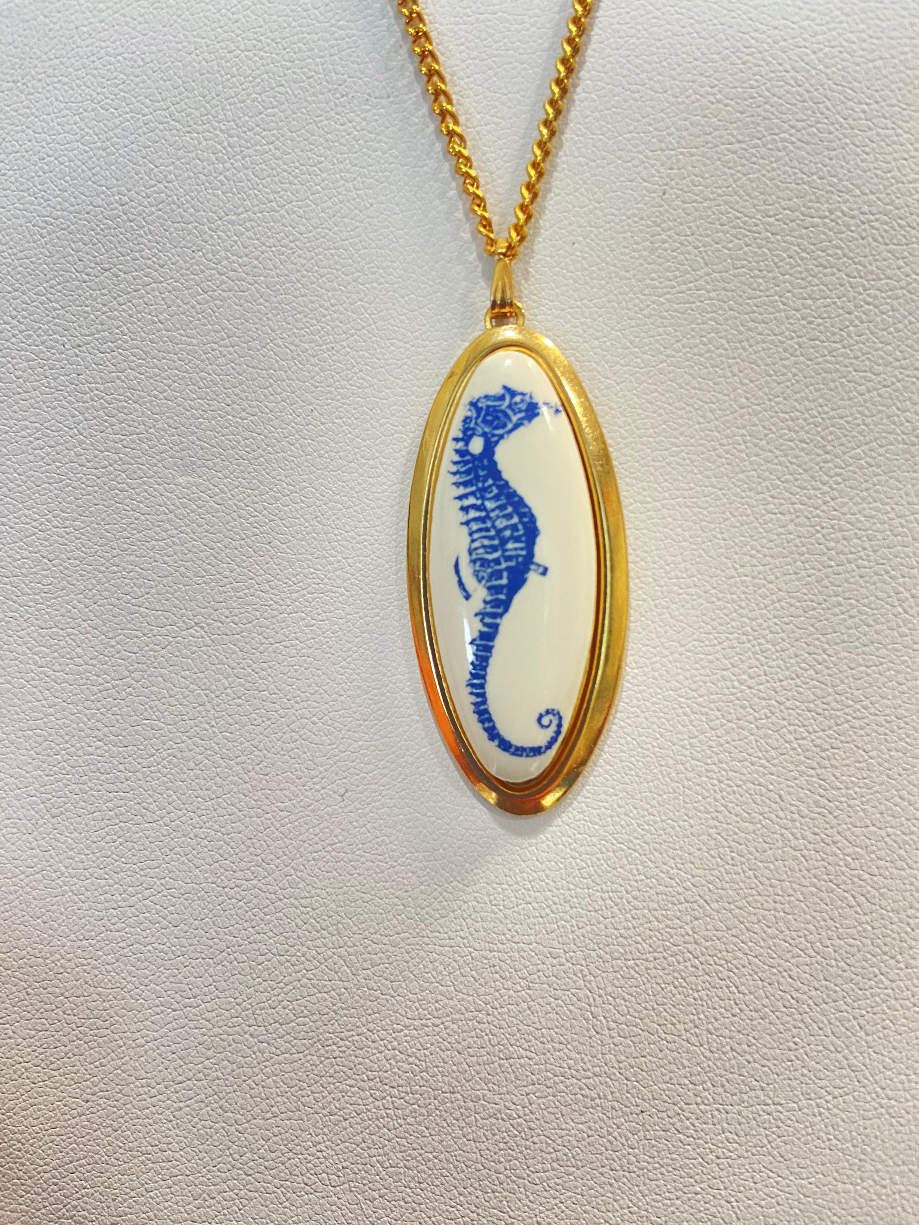 Seahorse Porcelain Pendant Gold Bezel Gold Chain Necklace Blue