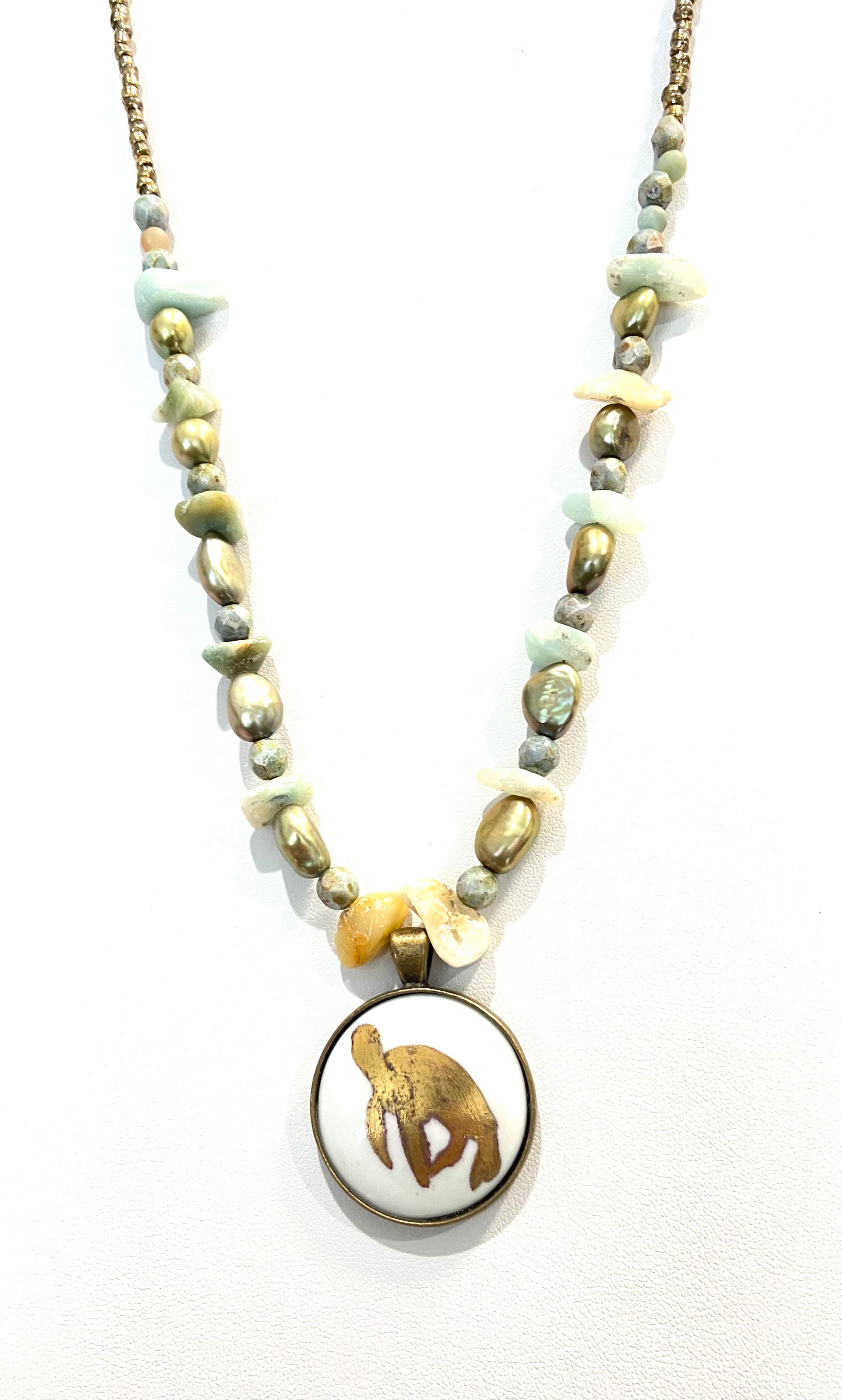 Gold Sea Turtle Porcelain Pendant Bezel Beaded Necklace