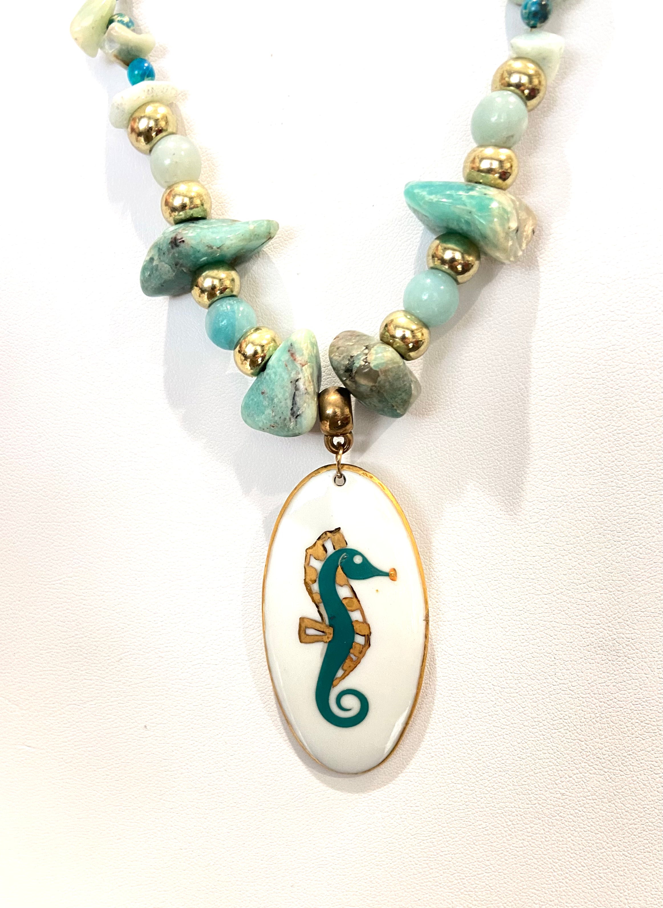 Seahorse White Oval Porcelain Pendant Beaded Necklace