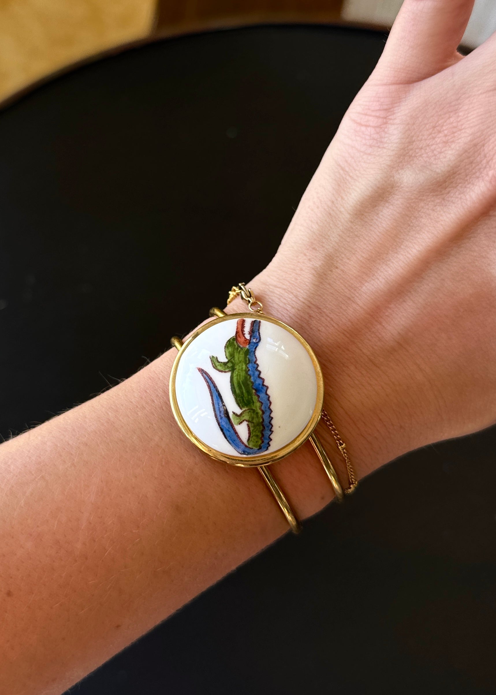 Gator Orange Blue Porcelain Pendant Gold Bracelet