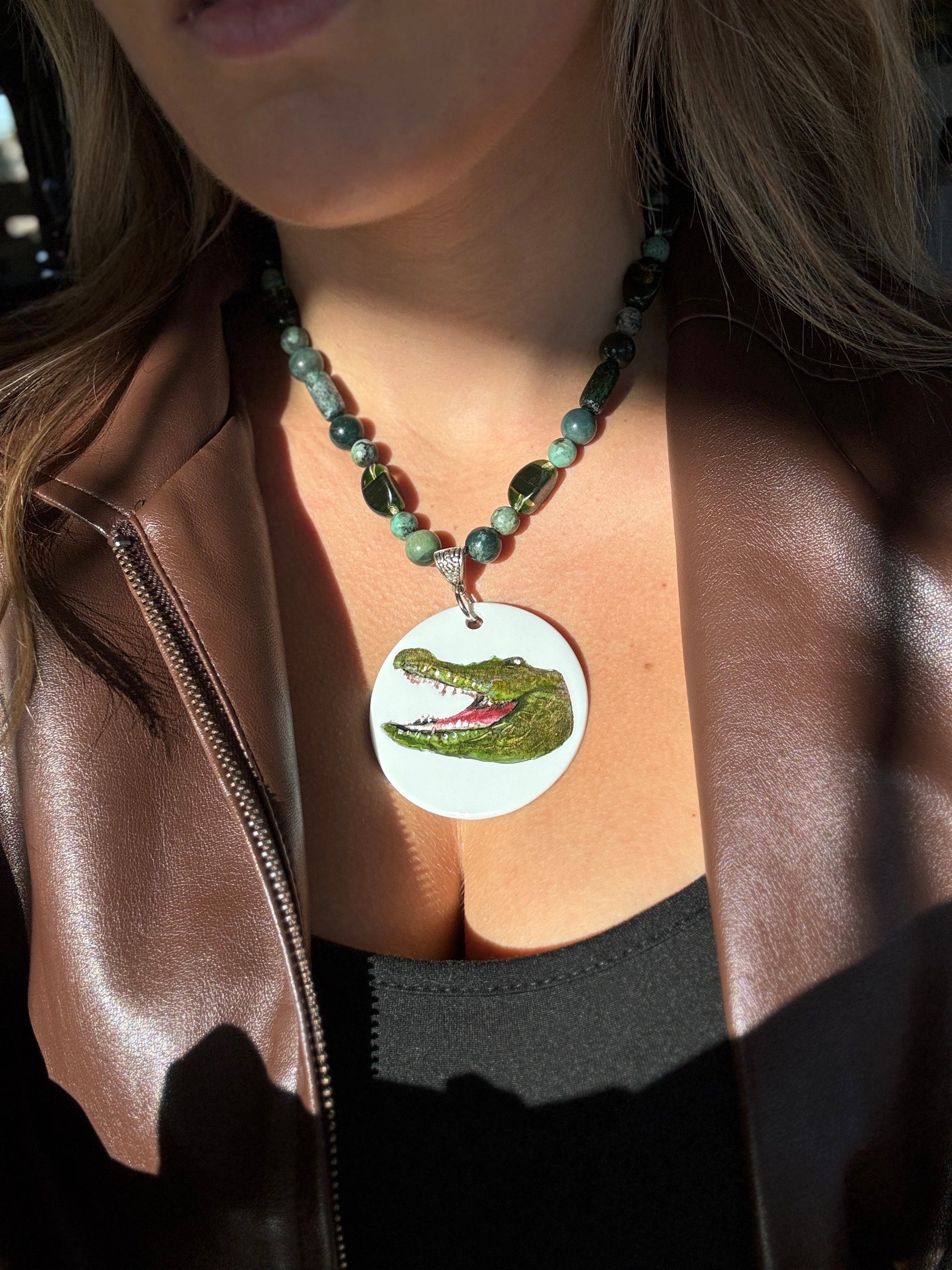 Hand Painted Porcelain Pendent Gator Game Day Beaded Necklace