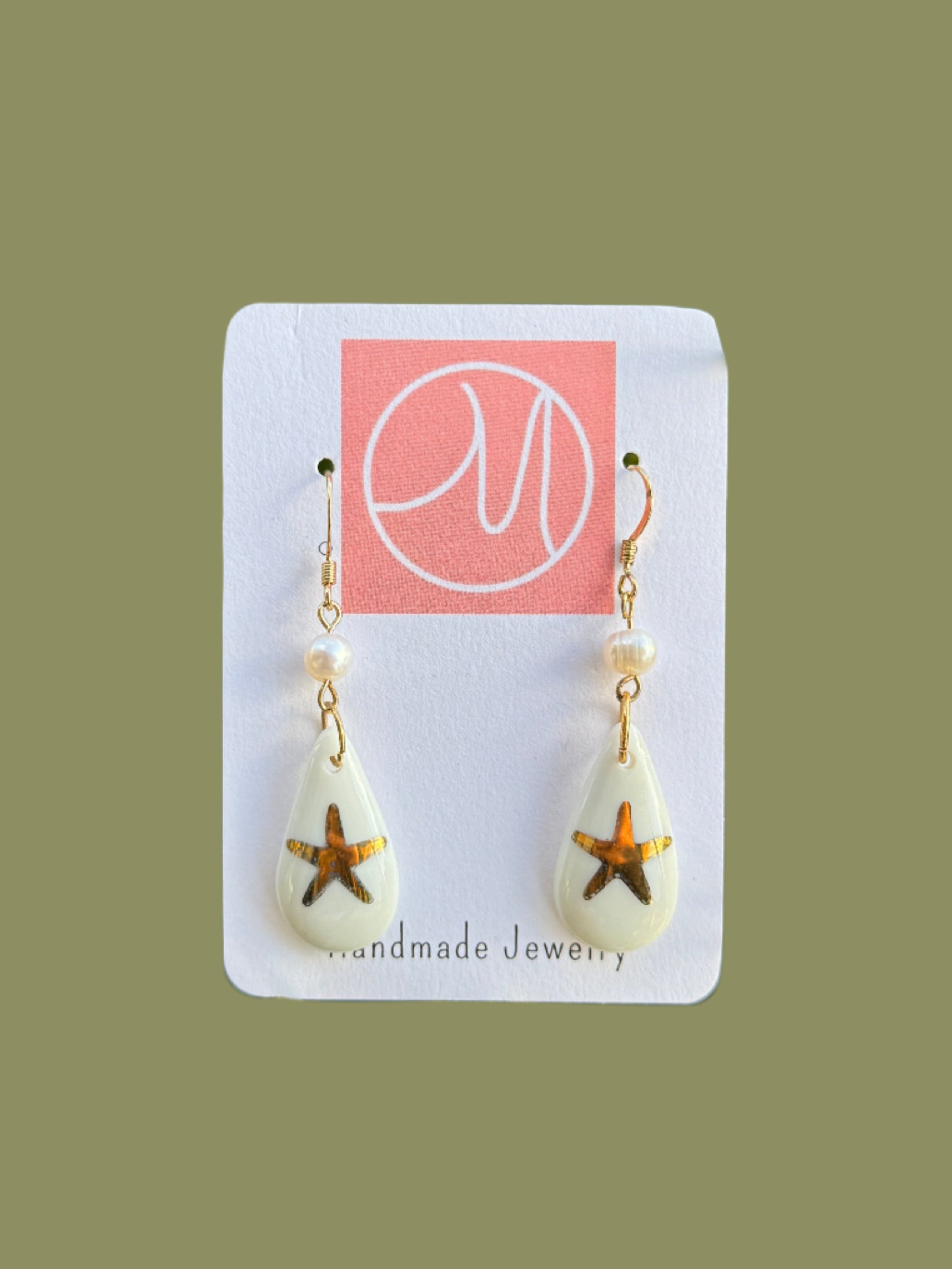 Starfish Porcelain Pendant Pearl Hoop Earrings