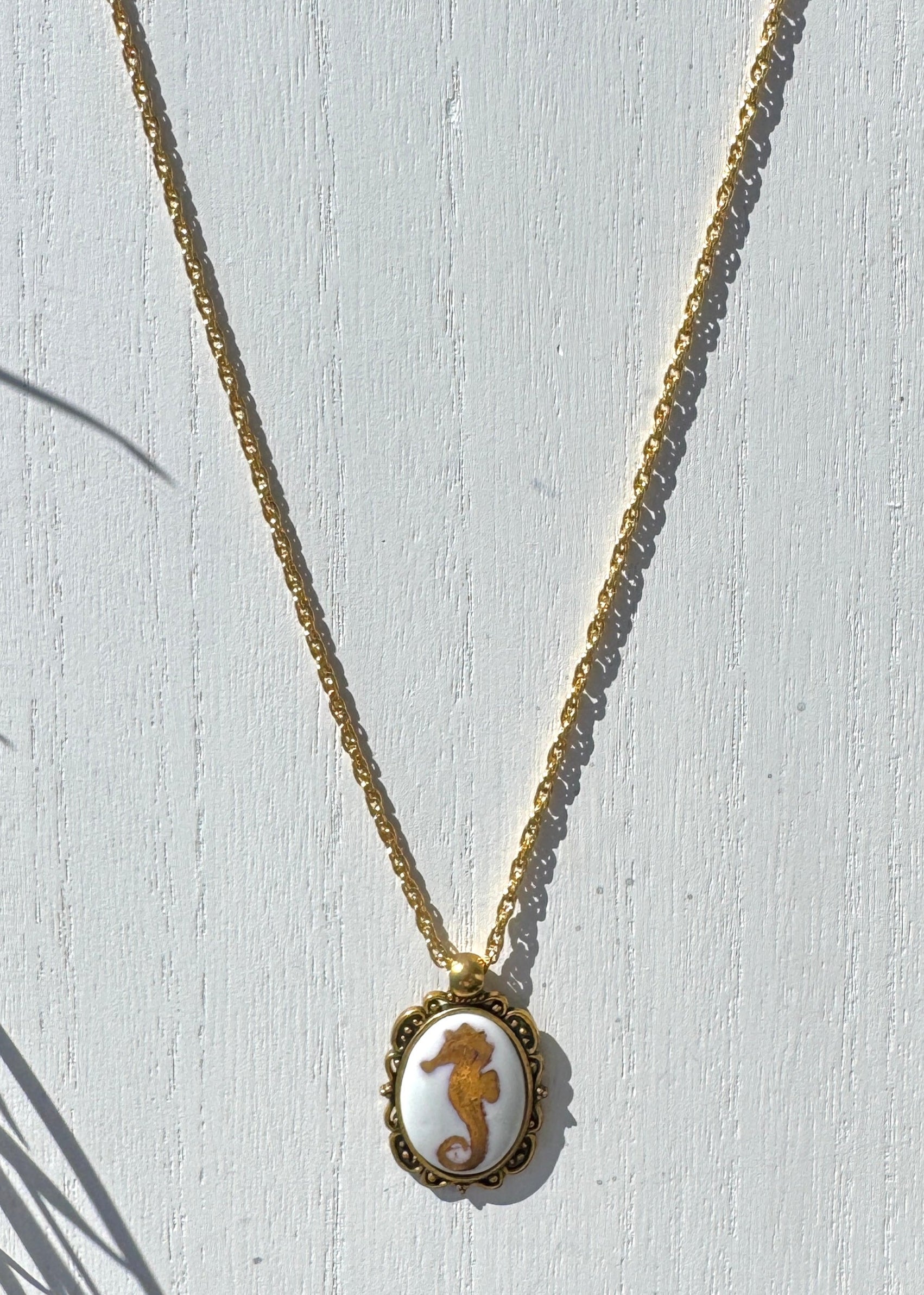 Seahorse Oval Porcelain Pendant Gold Bezel Gold Chain Necklace