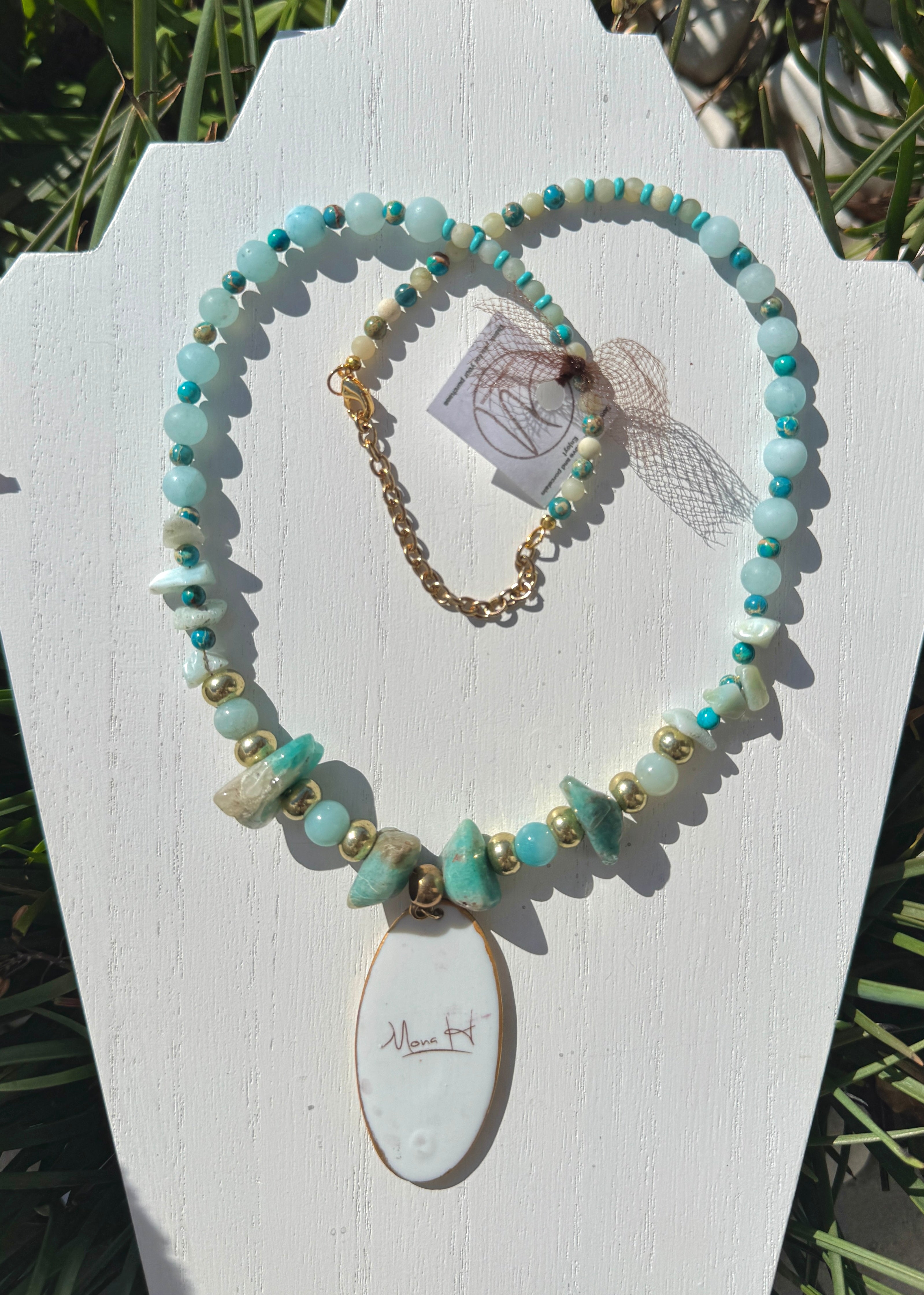 Seahorse White Oval Porcelain Pendant Beaded Necklace