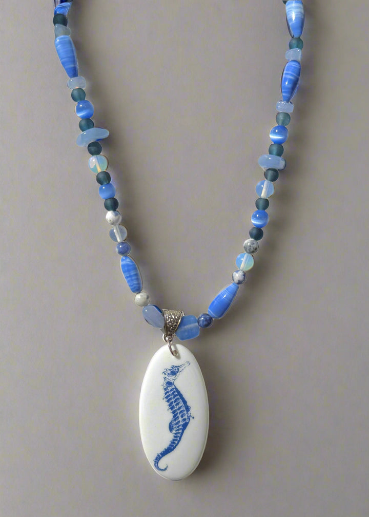 Seahorse Necklace Blue Beaded Coastal Lover Jewelry