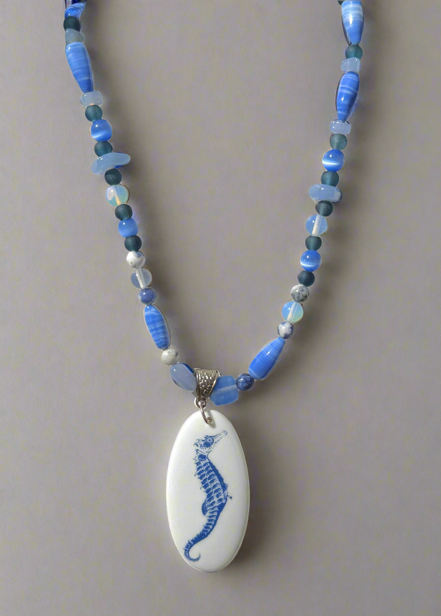Seahorse Oval Porcelain Pendant Beaded Necklace