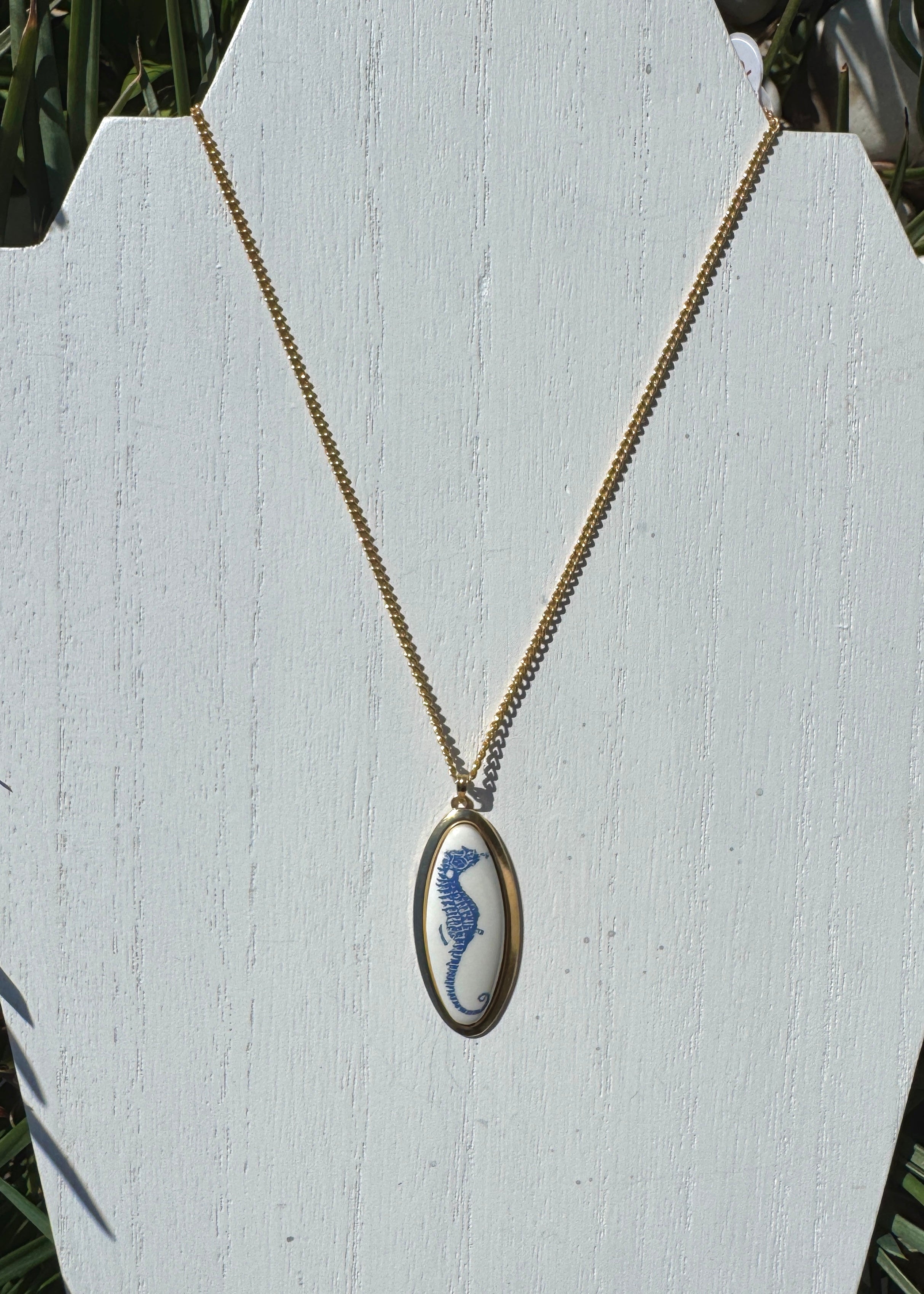 Seahorse Porcelain Pendant Gold Bezel Gold Chain Necklace Blue