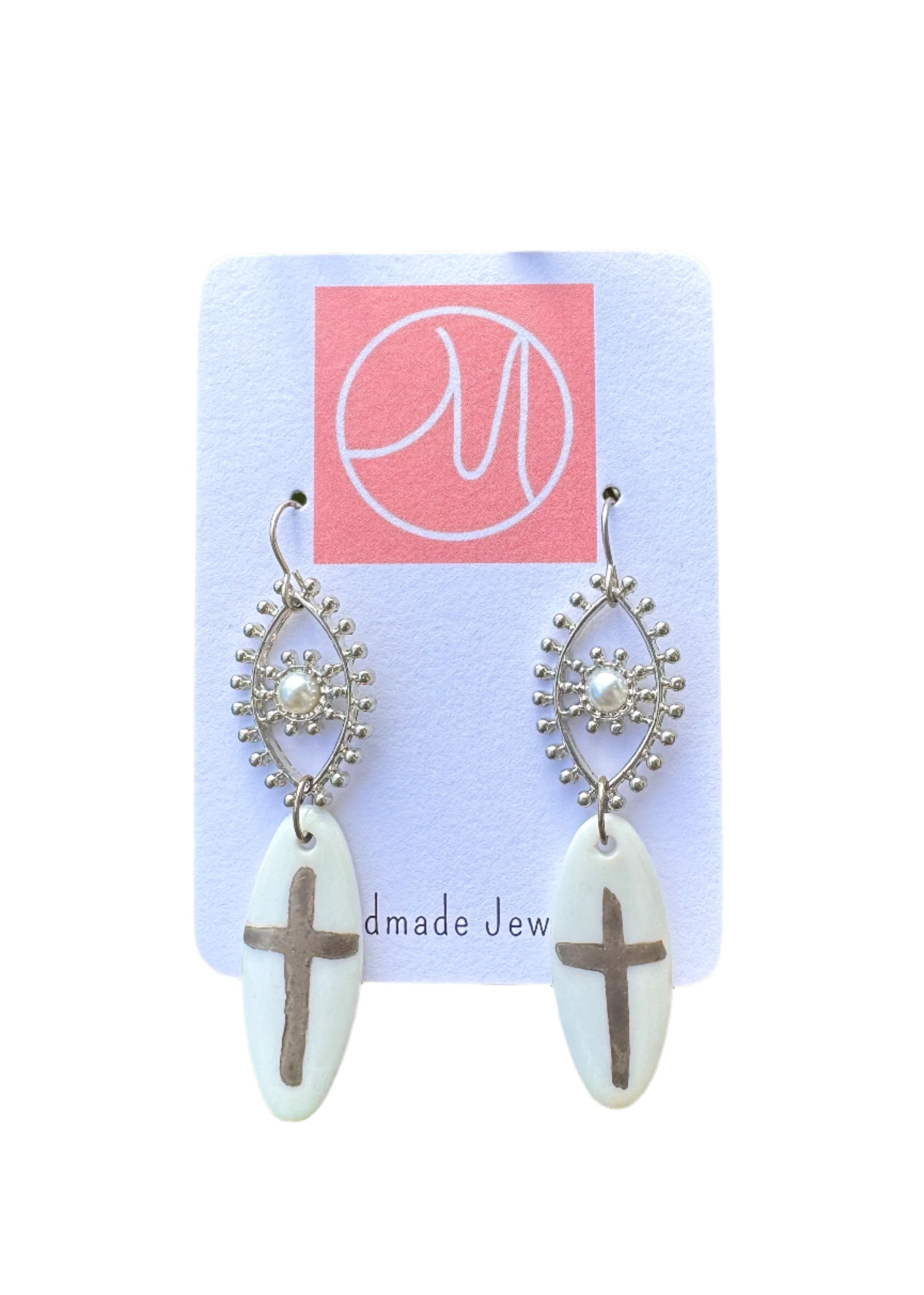 Hand-Painted Platinum Cross Porcelain Pendant Earrings