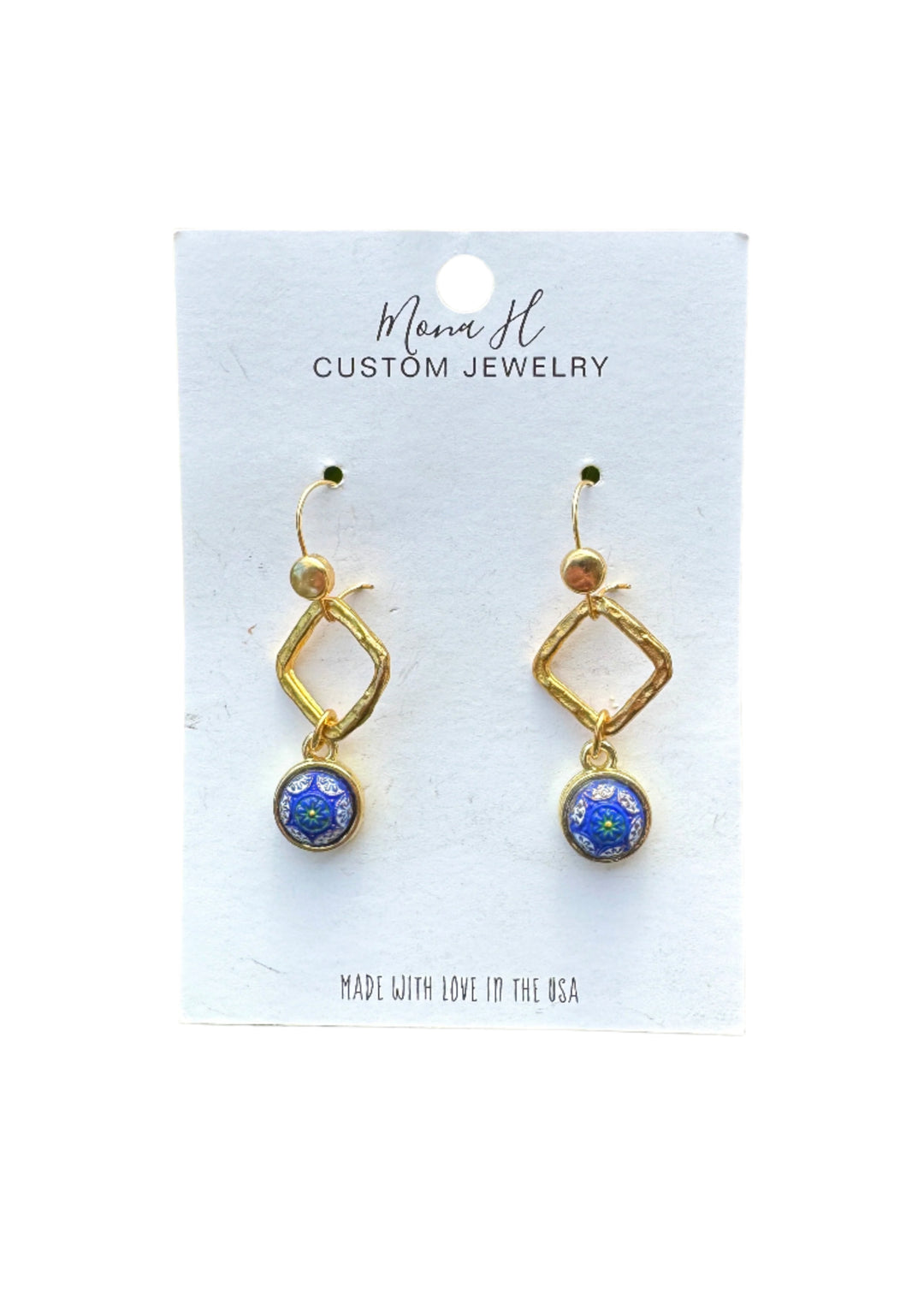 Gold Earrings Dangle Earrings Blue Mosaic