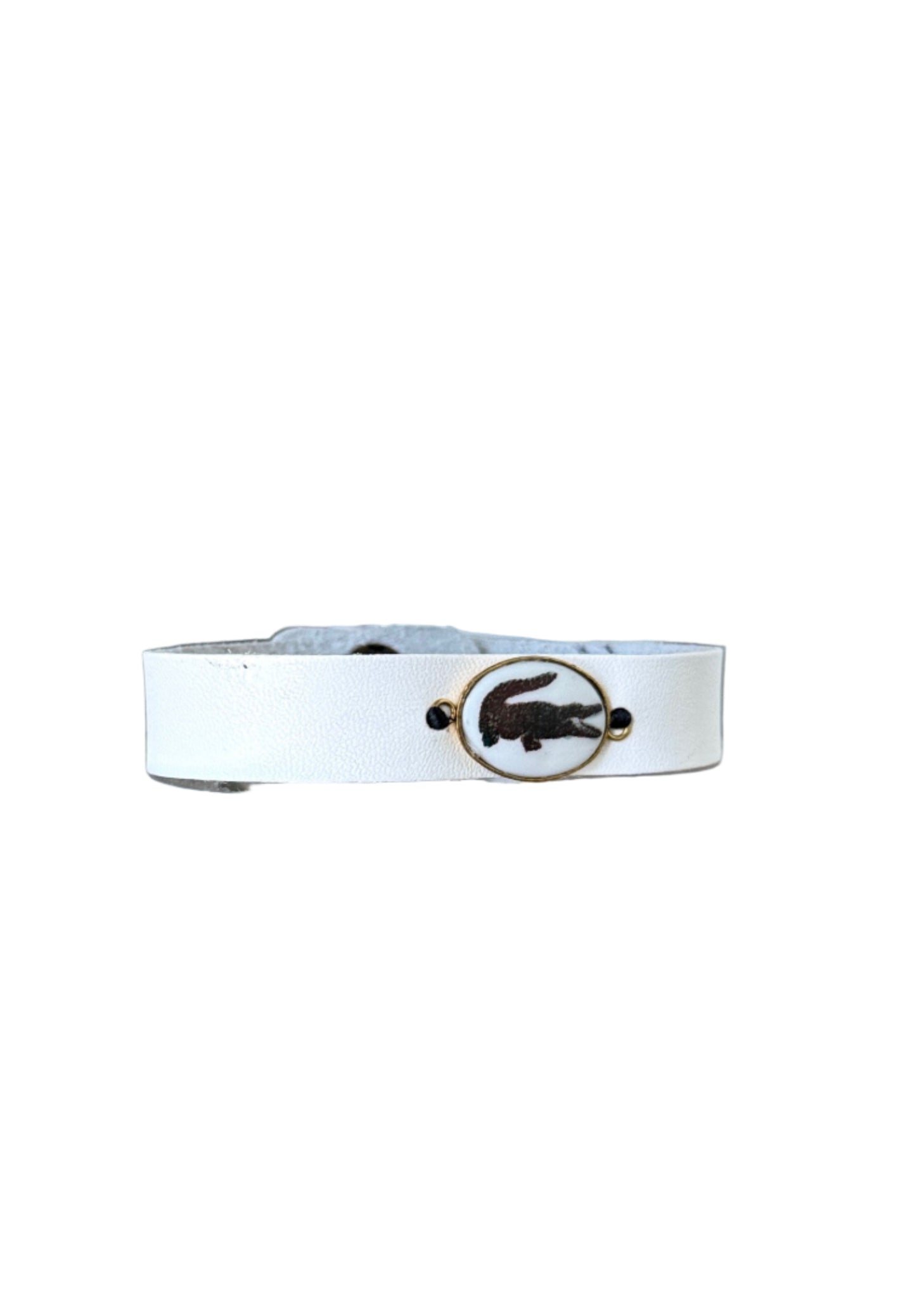 Gator on a Porcelain Pendant Bezel Leather Wrap Bracelet
