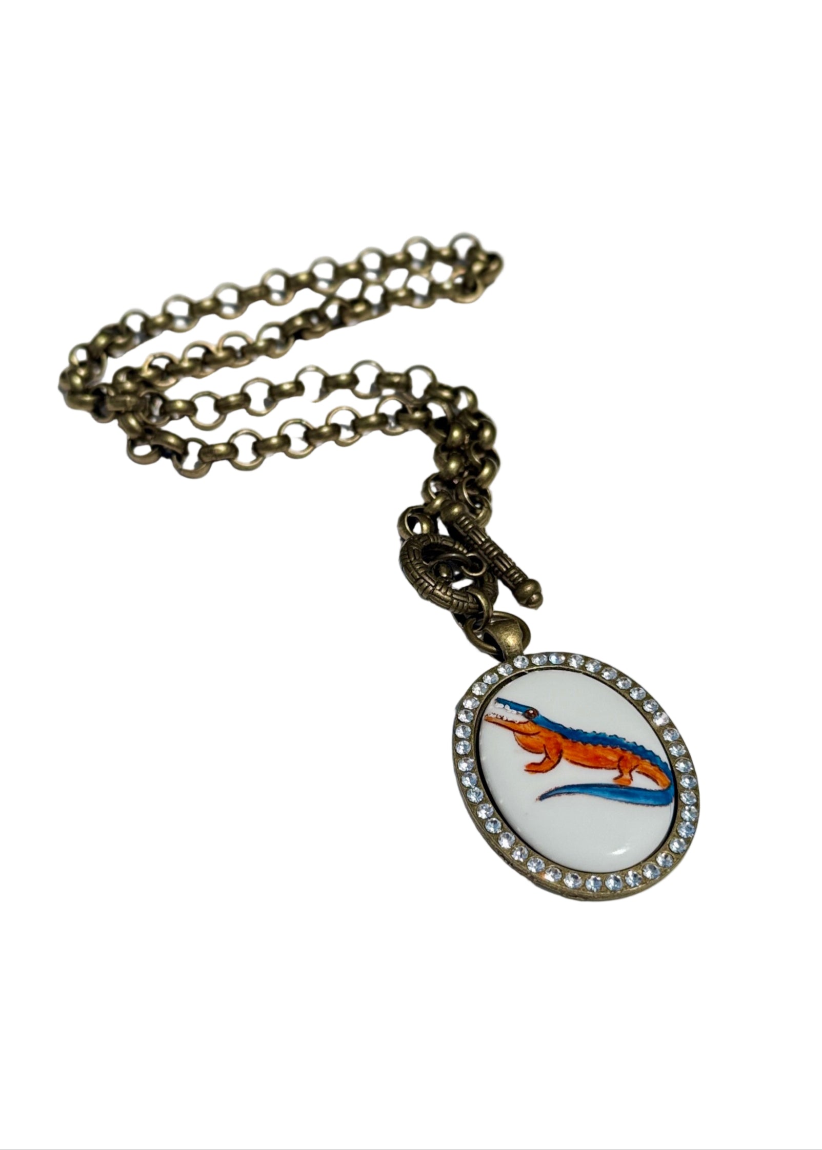 Gator Game Day Necklace – Orange & Blue Bezel Mascot Football Jewelry