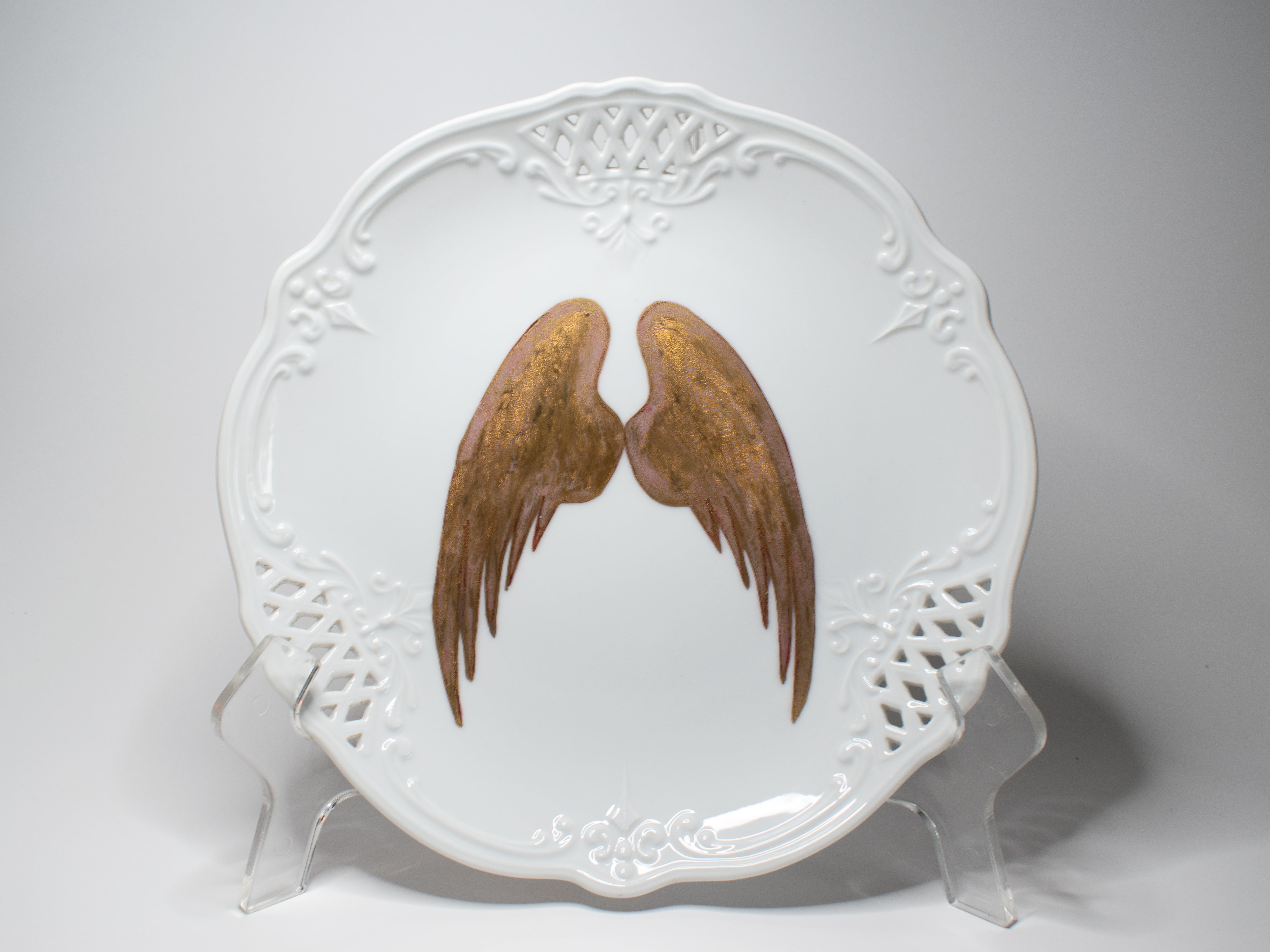 Gold Angel Wing Porcelain Plate with Lace Detail