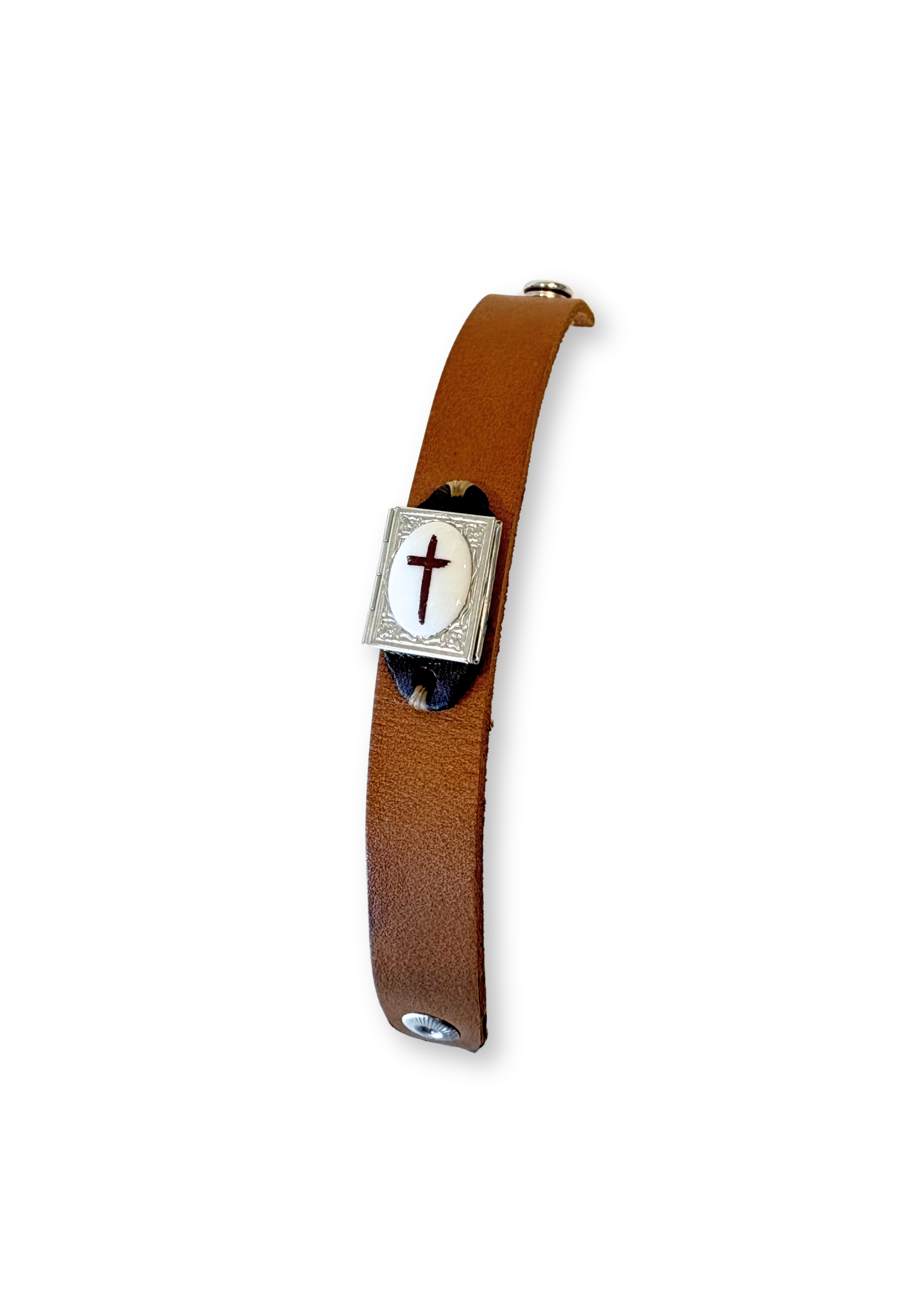 Locket Gold Cross Pendant Leather Bracelet