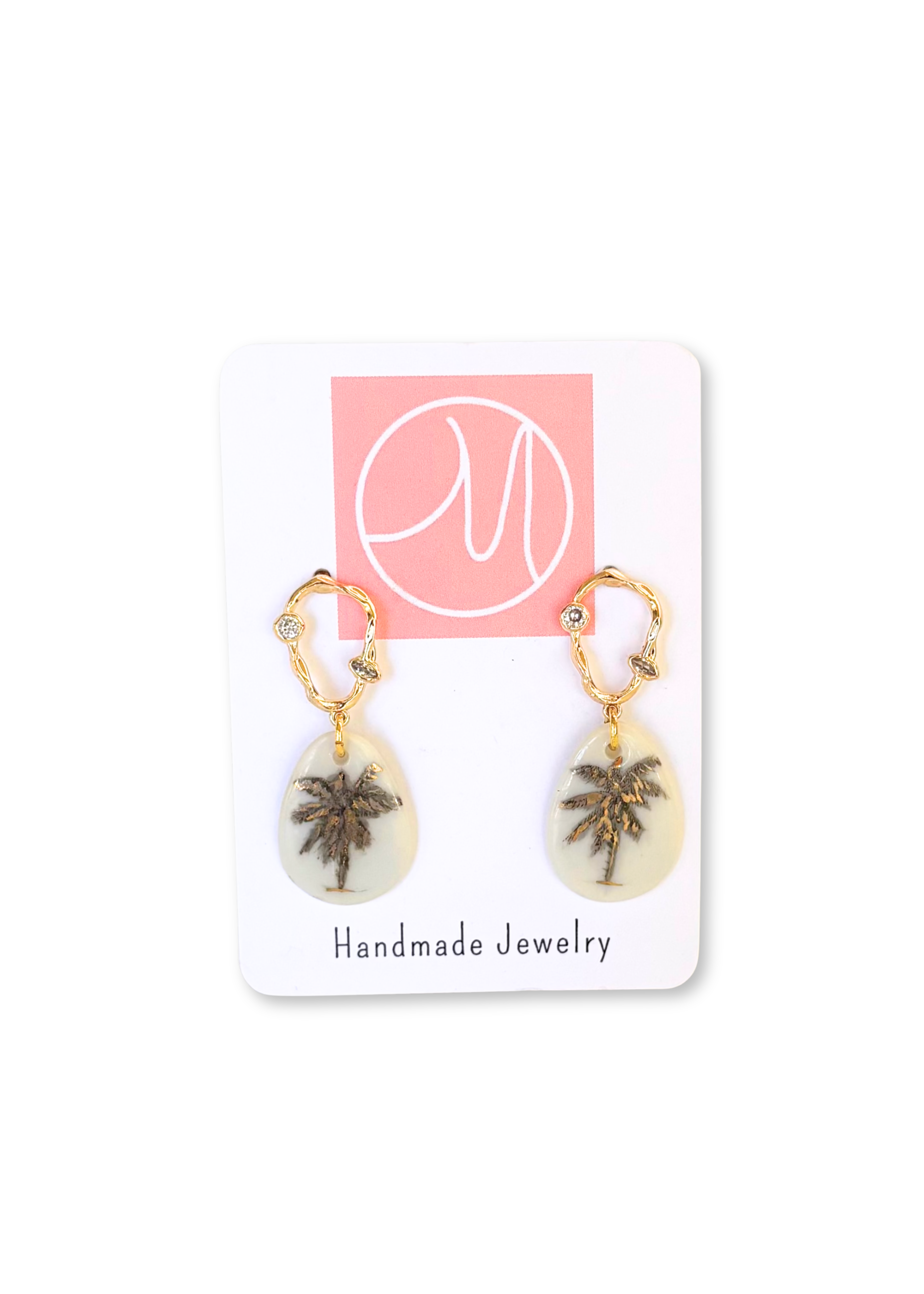 Gold & Green Palm Tree Porcelain Pendant Earrings with Diamond Accents