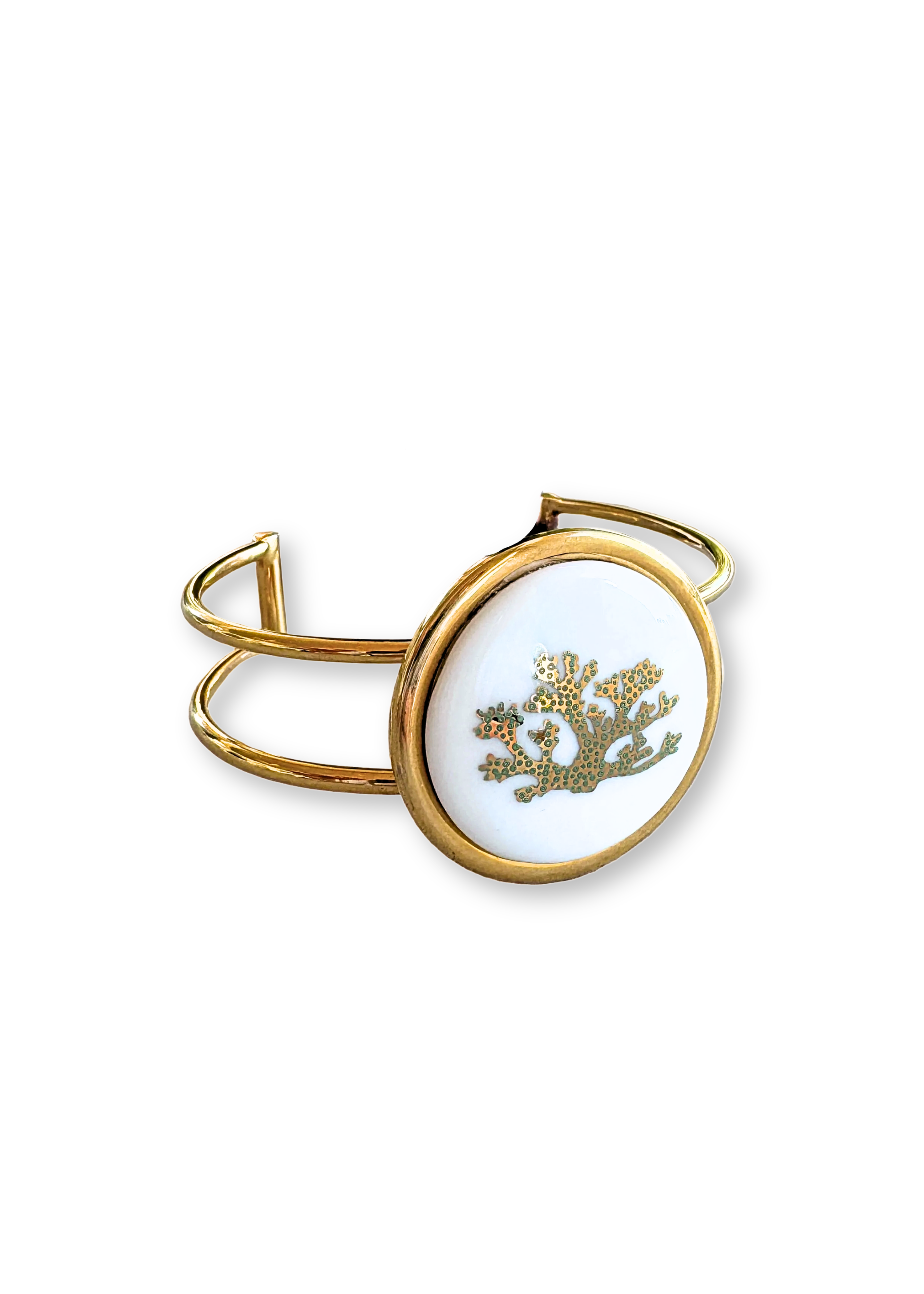 Green Coral Porcelain Pendant Gold Cuff Bracelet