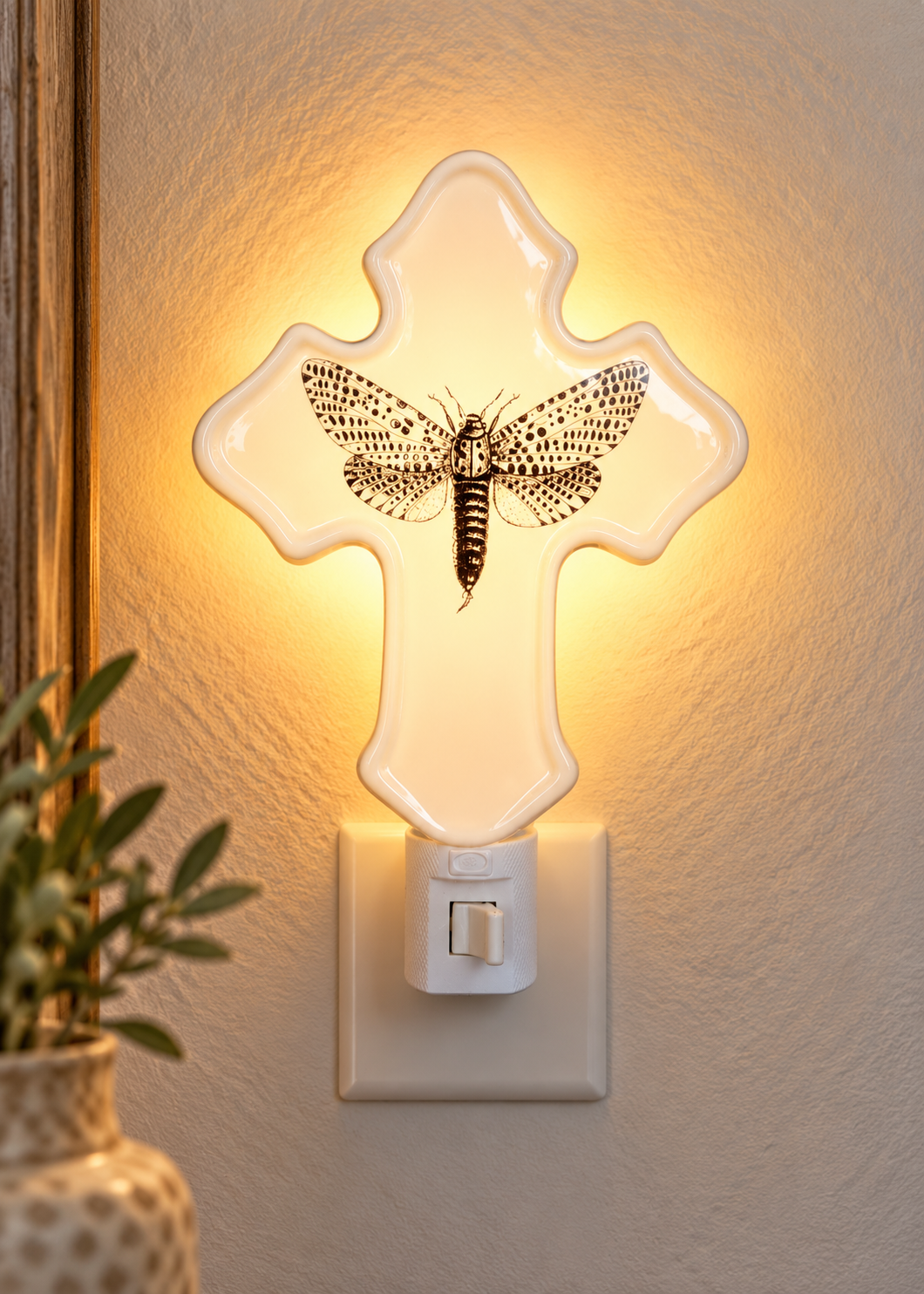 Hand-Painted Moth Porcelain Cross Night Light