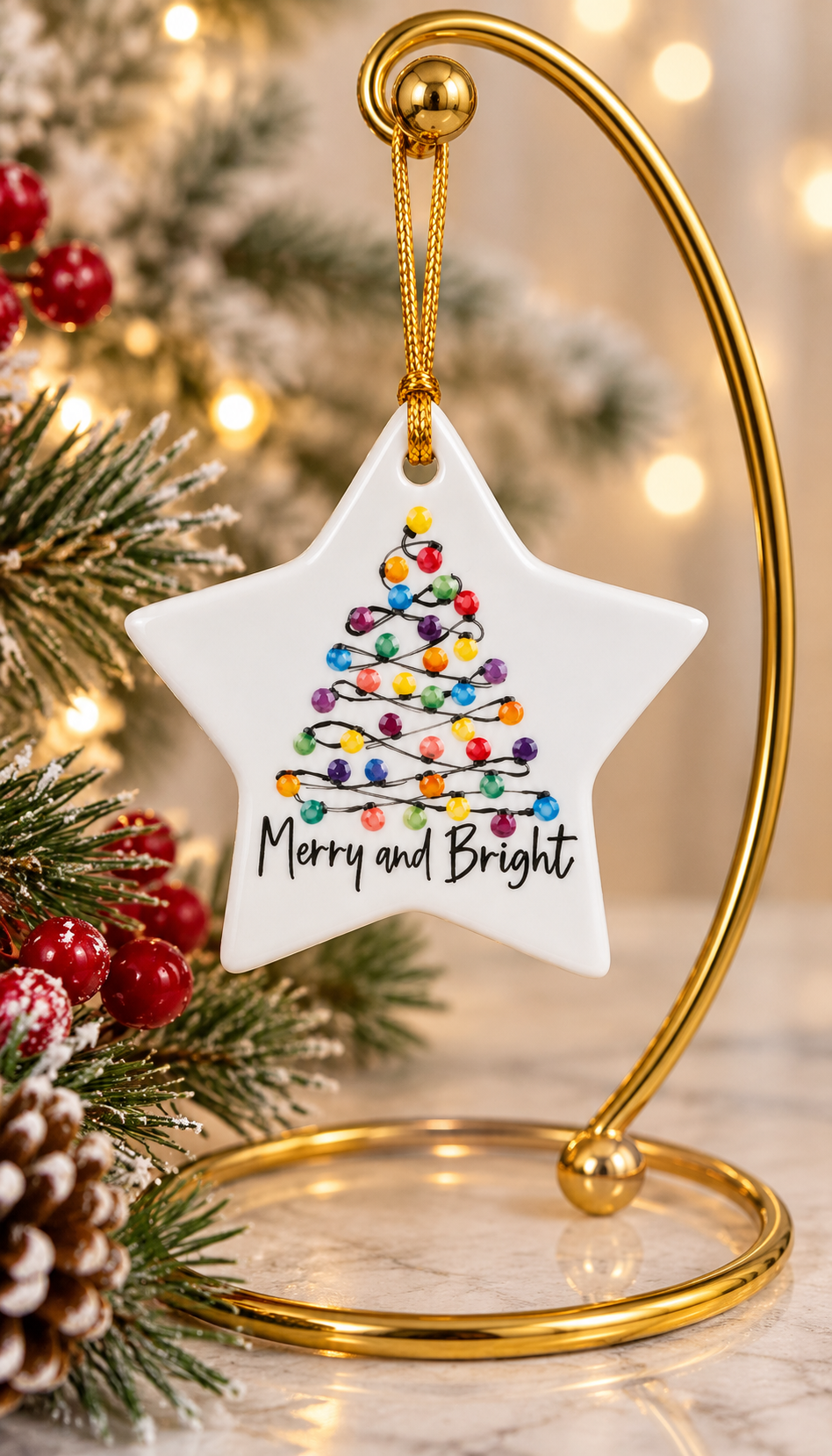 Hand-Painted Merry & Bright Christmas Lights Porcelain Star Ornament