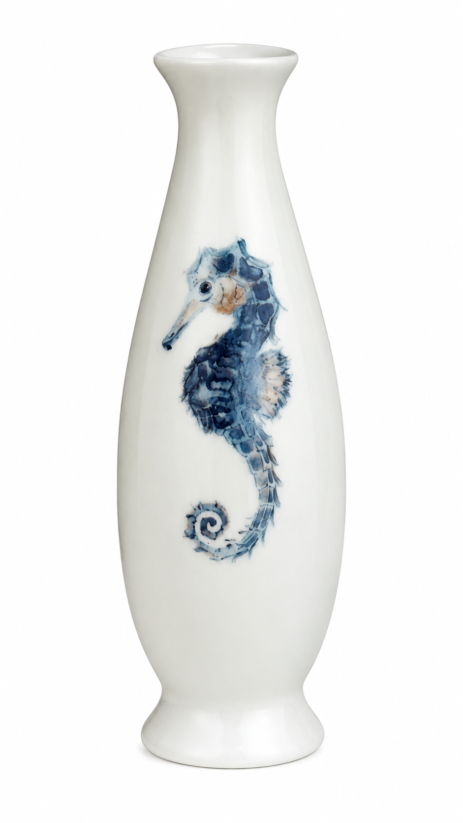 Hand-Painted Seahorse Porcelain Bud Vase with White Rose