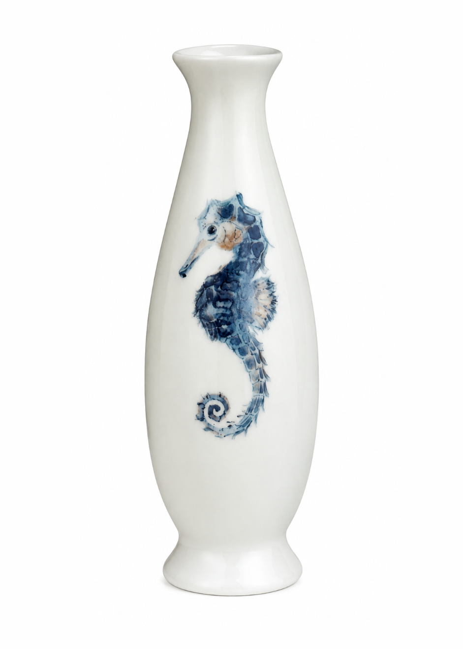 Hand-Painted Seahorse Porcelain Bud Vase with White Rose