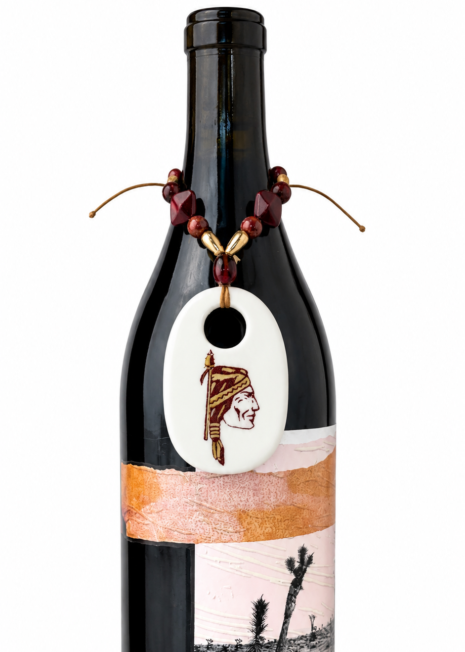 Hand-Painted Garnet & Gold Porcelain Seminole Bottle Tag