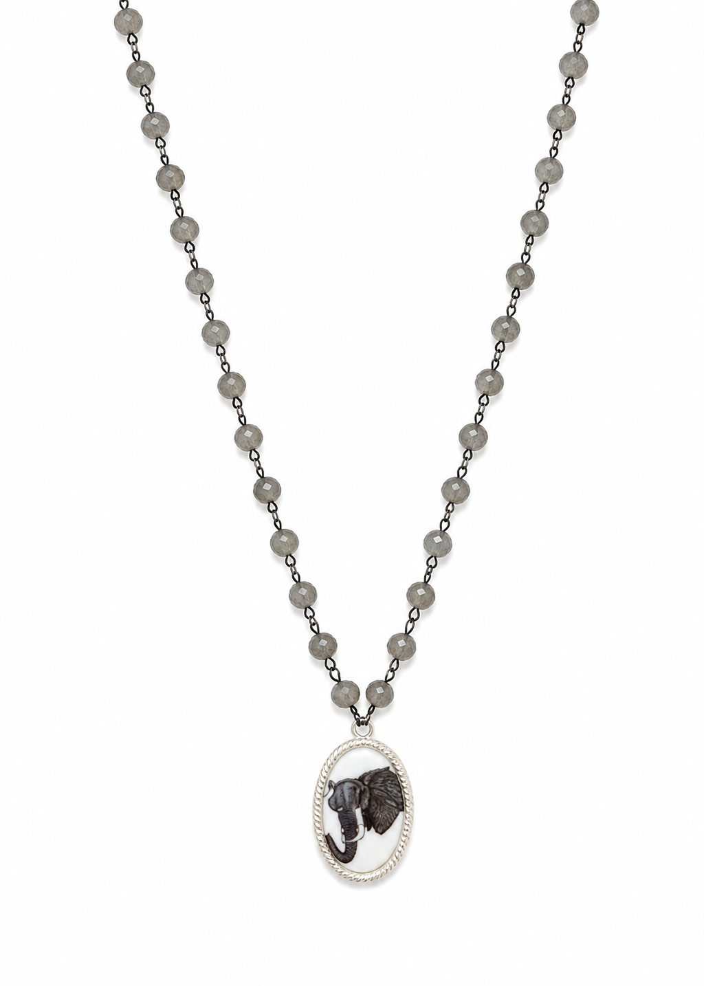 Hand-Painted Elephant Porcelain Pendant Necklace | Gray Beaded Statement Necklace