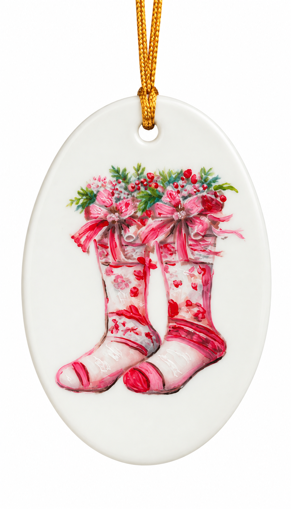 Title: Hand-Painted Pink Christmas Stockings Porcelain Ornament