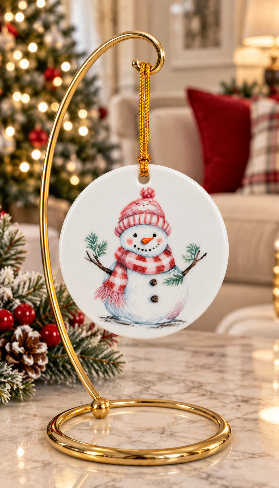 Hand-Painted Snowman Porcelain Christmas Ornament