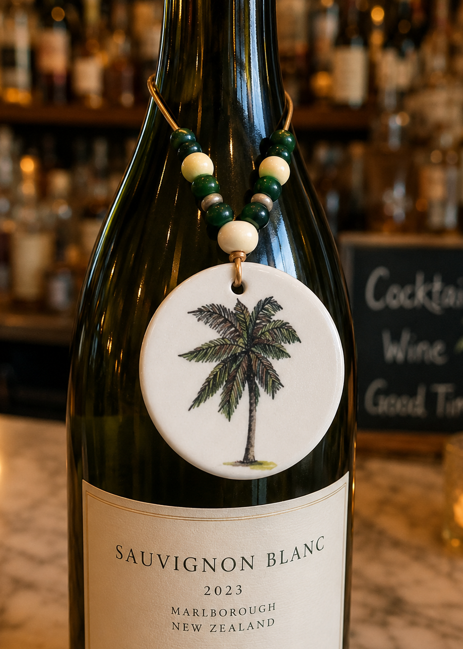 Palm Tree Porcelain Beverage Tag on Wine Bottle – Coastal Bar Charm by MadebyMonaH