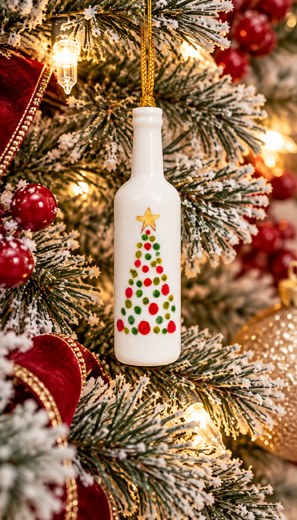 Hand-Painted Christmas Tree Porcelain Wine Bottle Ornament