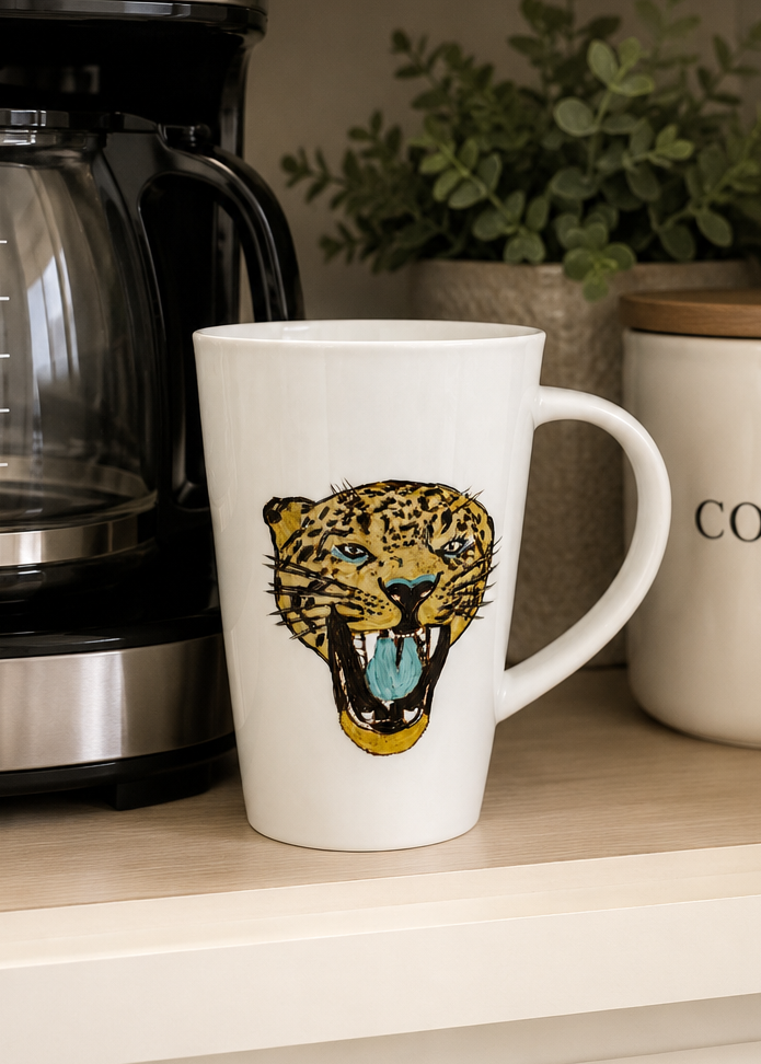 Hand-Painted Jaguar Latte Mug | Wildlife Porcelain Coffee Mug | Made by Mona H
