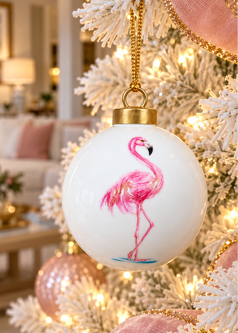Hand-Painted Pink Flamingo Porcelain Christmas Ornament