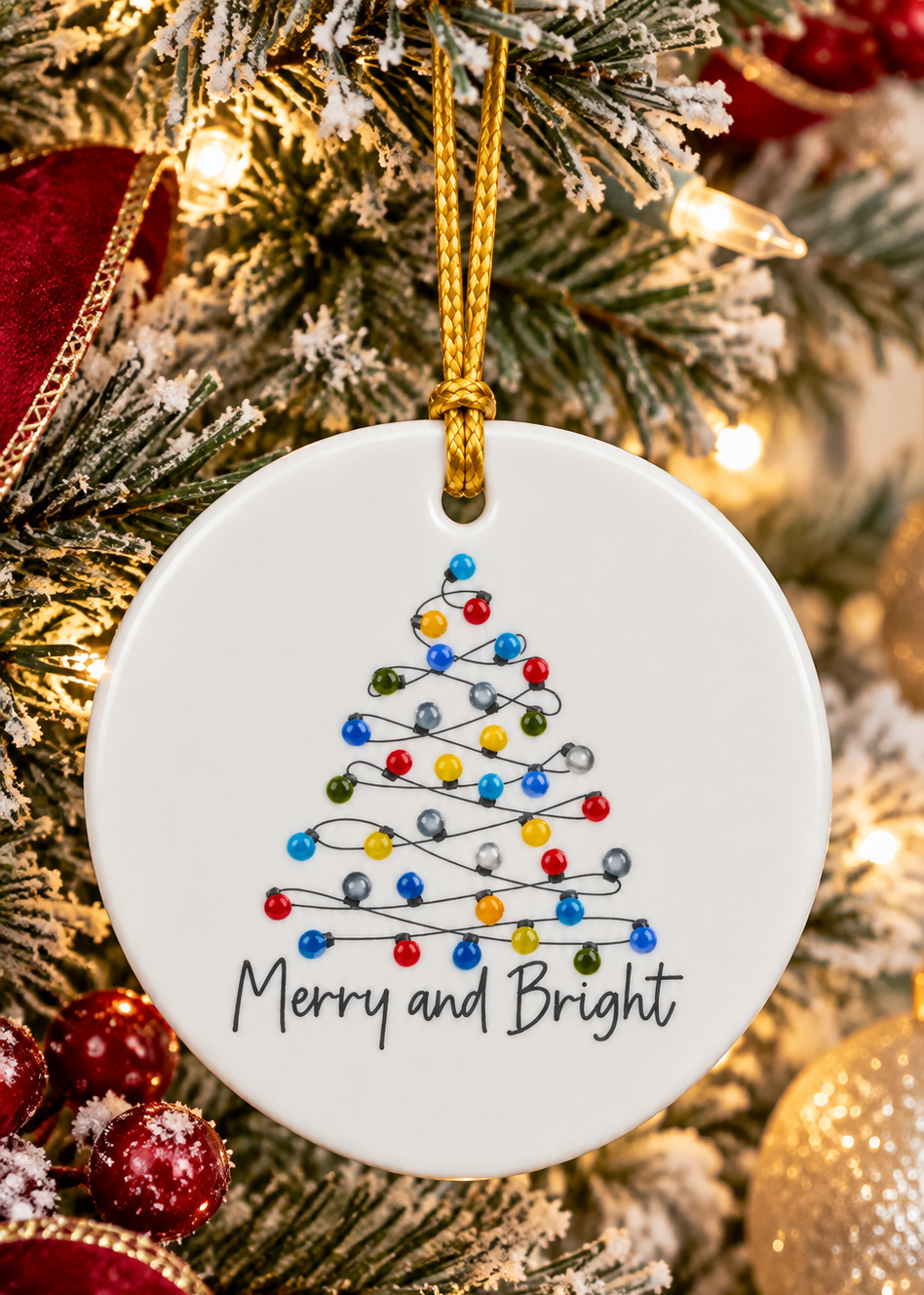 Hand-Painted Merry & Bright Christmas Lights Porcelain Ornament