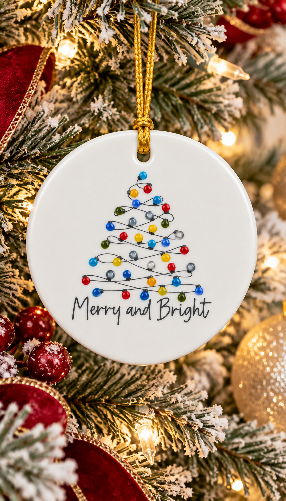 Hand-Painted Merry & Bright Christmas Lights Porcelain Ornament
